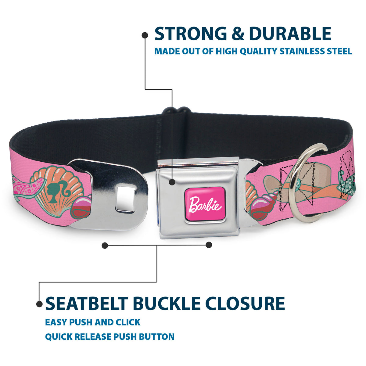 BARBIE Script Signature Full Color Hot Pink/White Seatbelt Buckle Collar - BARBIE BEACH COWGIRL Icons Collage Pinks/Blues Dog Collars Seatbelt Buckle Barbie