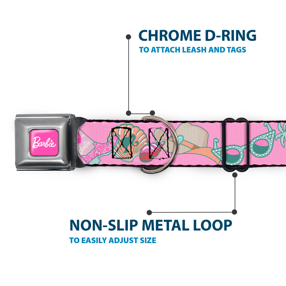 BARBIE Script Signature Full Color Hot Pink/White Seatbelt Buckle Collar - BARBIE BEACH COWGIRL Icons Collage Pinks/Blues Dog Collars Seatbelt Buckle Barbie