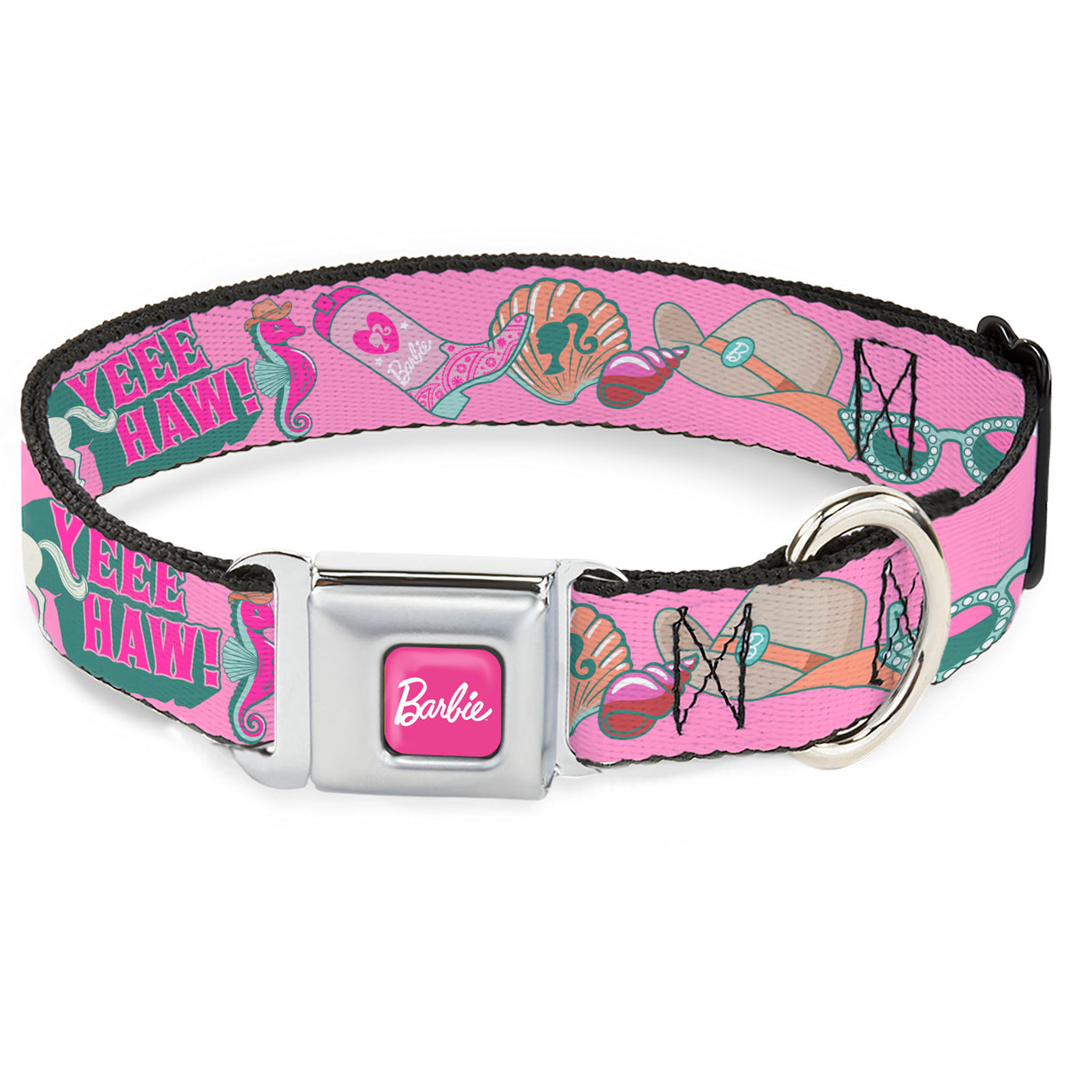 BARBIE Script Signature Full Color Hot Pink/White Seatbelt Buckle Collar - BARBIE BEACH COWGIRL Icons Collage Pinks/Blues Dog Collars Seatbelt Buckle Barbie