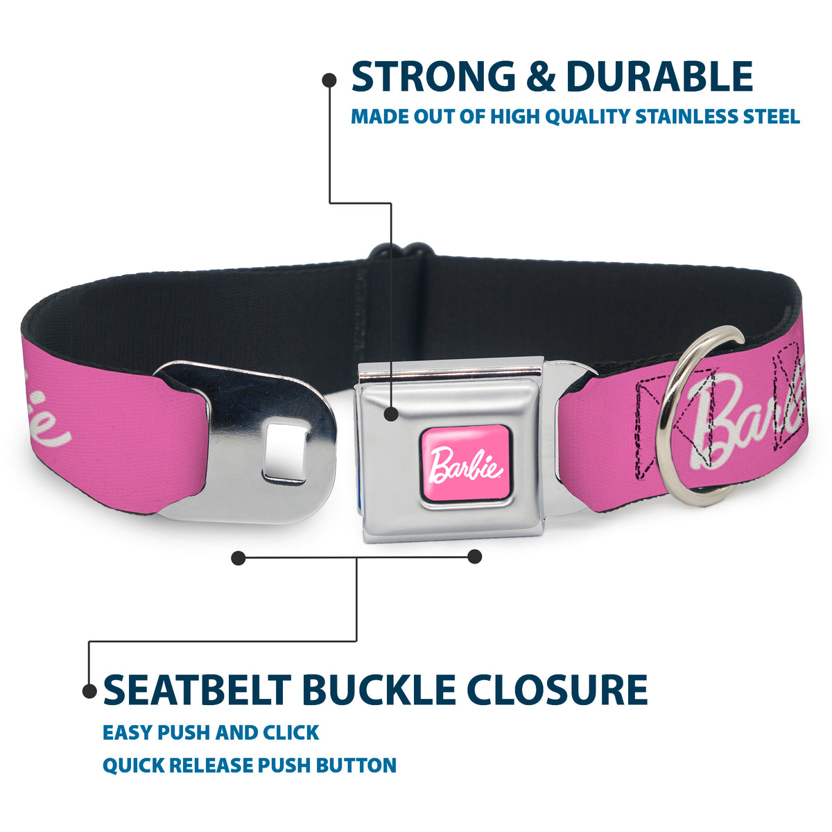 BARBIE Script Signature Full Color Pink/White Seatbelt Buckle Collar - BARBIE Script Signature Logo Pink/White Dog Collars Seatbelt Buckle Barbie