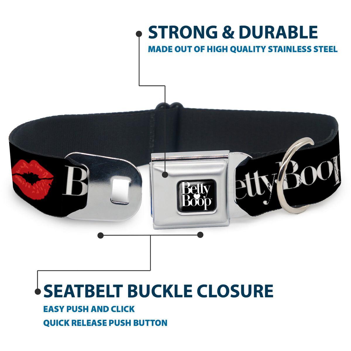 BETTY BOOP Text Heart Logo Full Color Black/White Seatbelt Buckle Collar - BETTY BOOP Text and Kiss Black/White/Red Dog Collars Seatbelt Buckle Betty Boop