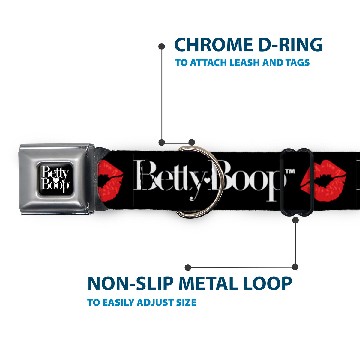 BETTY BOOP Text Heart Logo Full Color Black/White Seatbelt Buckle Collar - BETTY BOOP Text and Kiss Black/White/Red Dog Collars Seatbelt Buckle Betty Boop