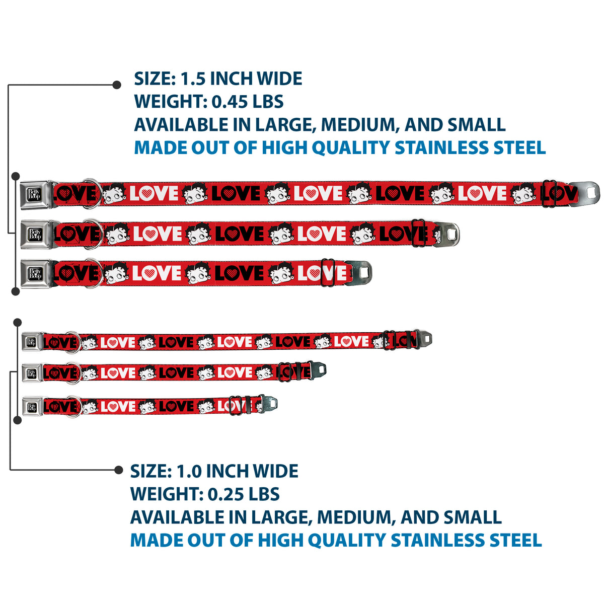BETTY BOOP Text Heart Logo Full Color Black/White Seatbelt Buckle Collar - Betty Boop Face and LOVE Text Red/Black/White Dog Collars Seatbelt Buckle Betty Boop