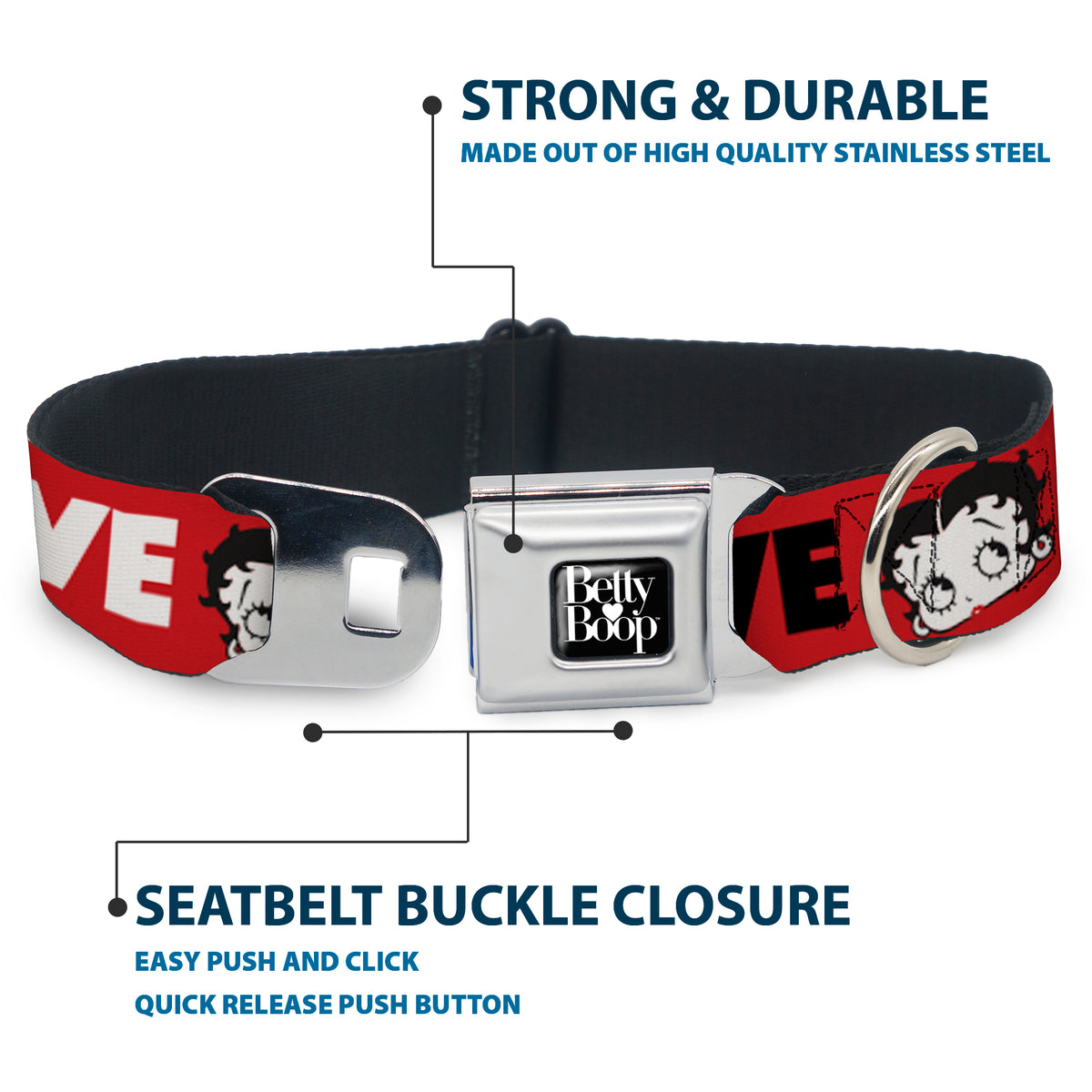 BETTY BOOP Text Heart Logo Full Color Black/White Seatbelt Buckle Collar - Betty Boop Face and LOVE Text Red/Black/White Dog Collars Seatbelt Buckle Betty Boop
