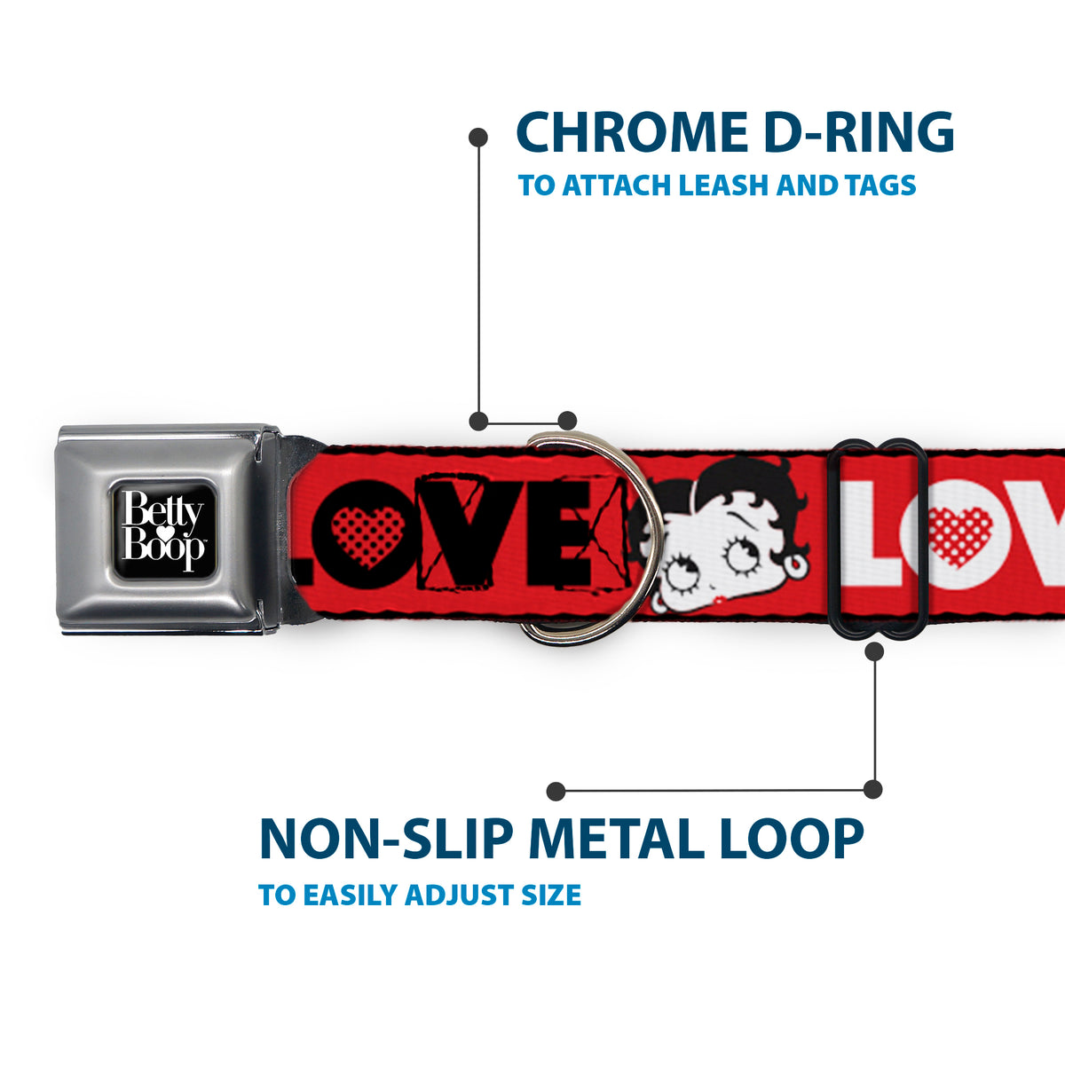 BETTY BOOP Text Heart Logo Full Color Black/White Seatbelt Buckle Collar - Betty Boop Face and LOVE Text Red/Black/White Dog Collars Seatbelt Buckle Betty Boop