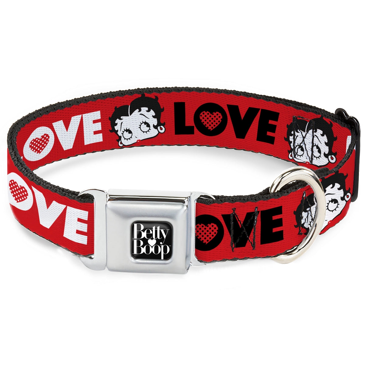 BETTY BOOP Text Heart Logo Full Color Black/White Seatbelt Buckle Collar - Betty Boop Face and LOVE Text Red/Black/White Dog Collars Seatbelt Buckle Betty Boop