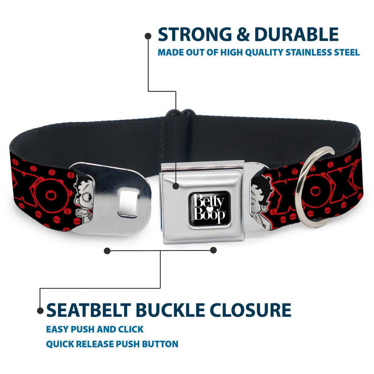 BETTY BOOP Text Heart Logo Full Color Black/White Seatbelt Buckle Collar - Betty Boop Winking Kiss Pose with XOXO Text Polka Dot Black/Red/White Dog Collars Seatbelt Buckle Betty Boop