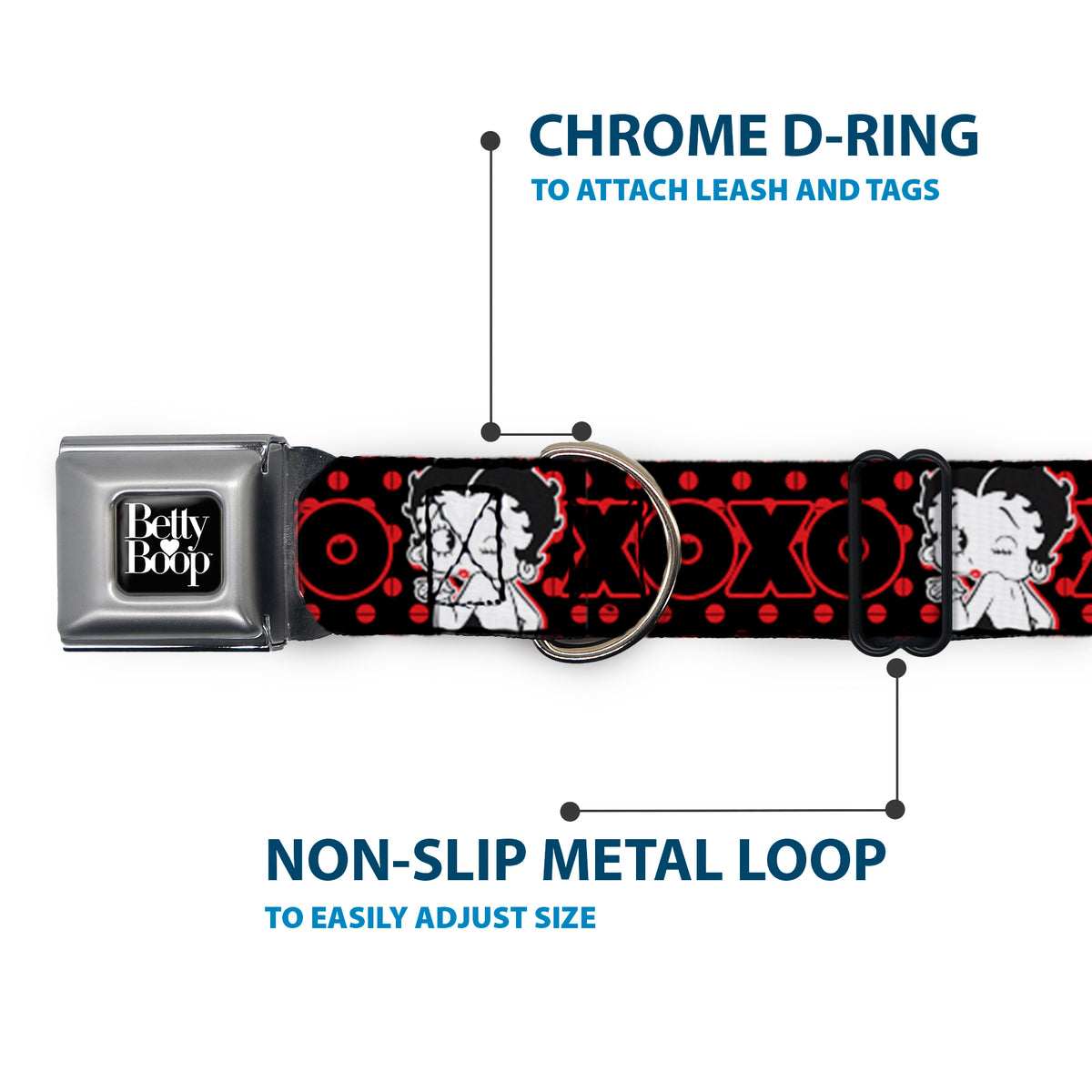 BETTY BOOP Text Heart Logo Full Color Black/White Seatbelt Buckle Collar - Betty Boop Winking Kiss Pose with XOXO Text Polka Dot Black/Red/White Dog Collars Seatbelt Buckle Betty Boop