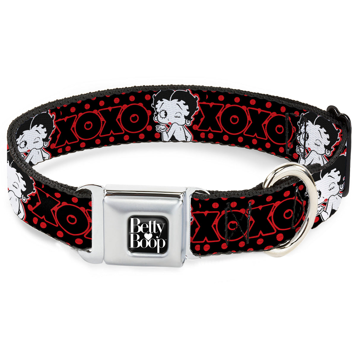 BETTY BOOP Text Heart Logo Full Color Black/White Seatbelt Buckle Collar - Betty Boop Winking Kiss Pose with XOXO Text Polka Dot Black/Red/White Dog Collars Seatbelt Buckle Betty Boop