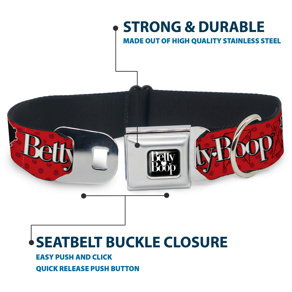 BETTY BOOP Text Heart Logo Full Color Black/White Seatbelt Buckle Collar - BETTY BOOP Winking Kiss Pose and Text Reds/Black/White Dog Collars Seatbelt Buckle Betty Boop