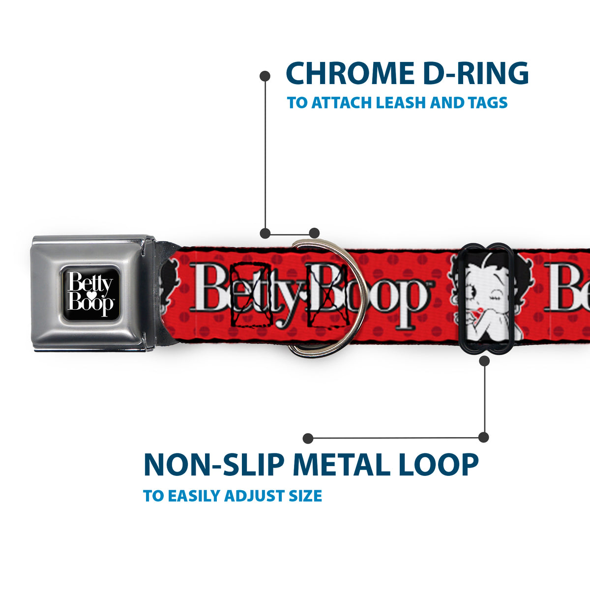 BETTY BOOP Text Heart Logo Full Color Black/White Seatbelt Buckle Collar - BETTY BOOP Winking Kiss Pose and Text Reds/Black/White Dog Collars Seatbelt Buckle Betty Boop