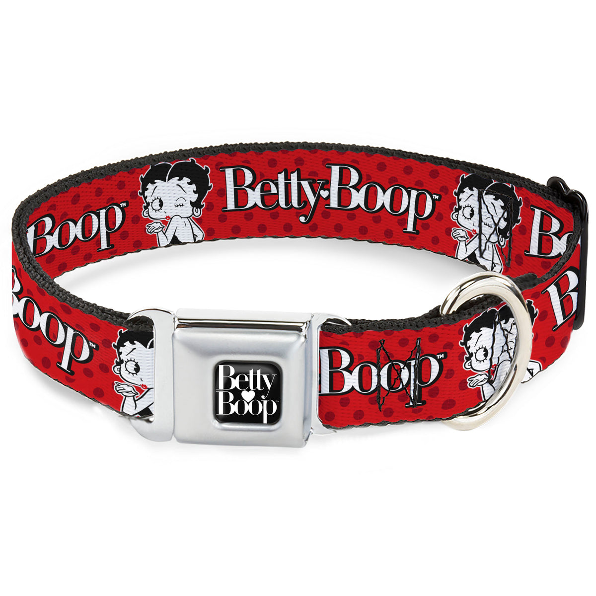 BETTY BOOP Text Heart Logo Full Color Black/White Seatbelt Buckle Collar - BETTY BOOP Winking Kiss Pose and Text Reds/Black/White Dog Collars Seatbelt Buckle Betty Boop
