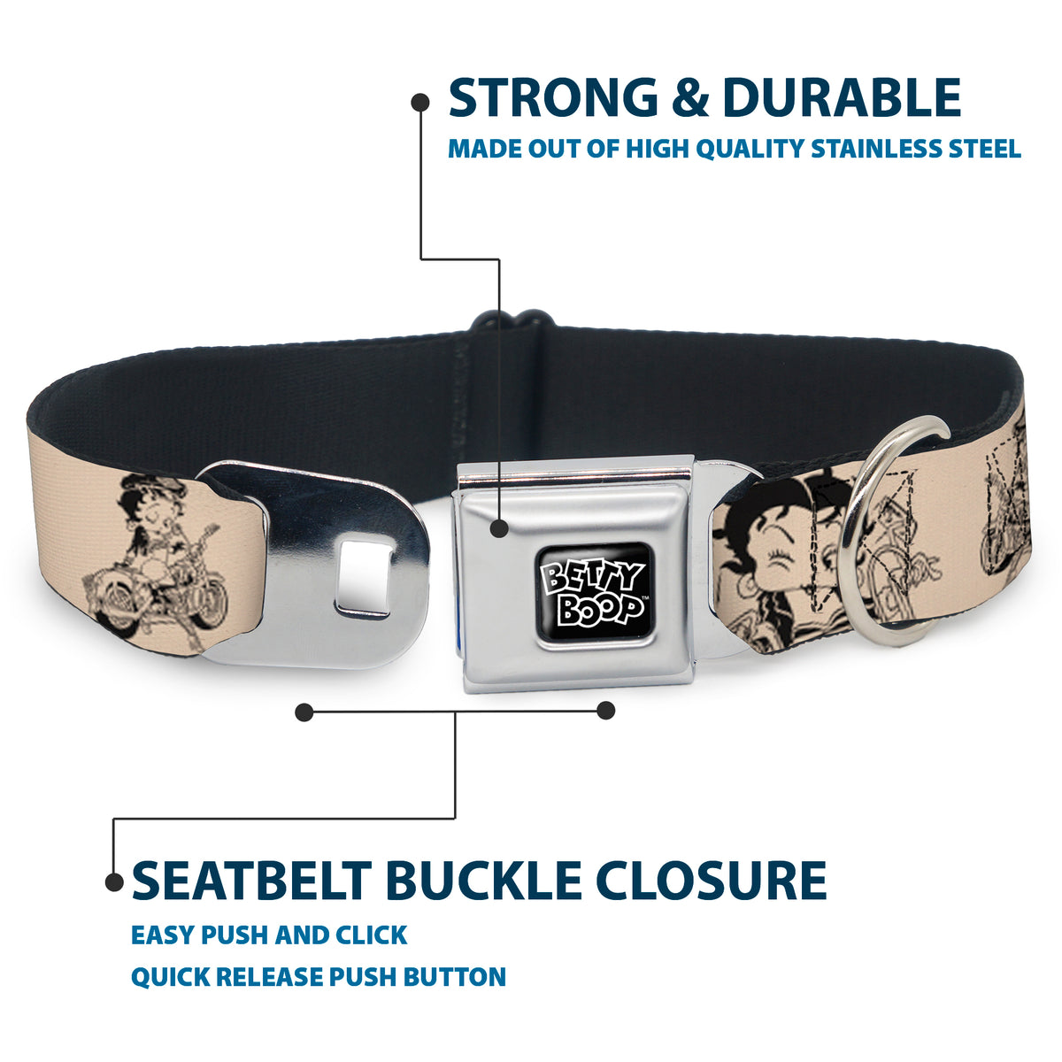 BETTY BOOP Text Heart Logo Full Color Black/White Seatbelt Buckle Collar - Betty Boop Biker Betty Poses Beige/Black Dog Collars Seatbelt Buckle Betty Boop