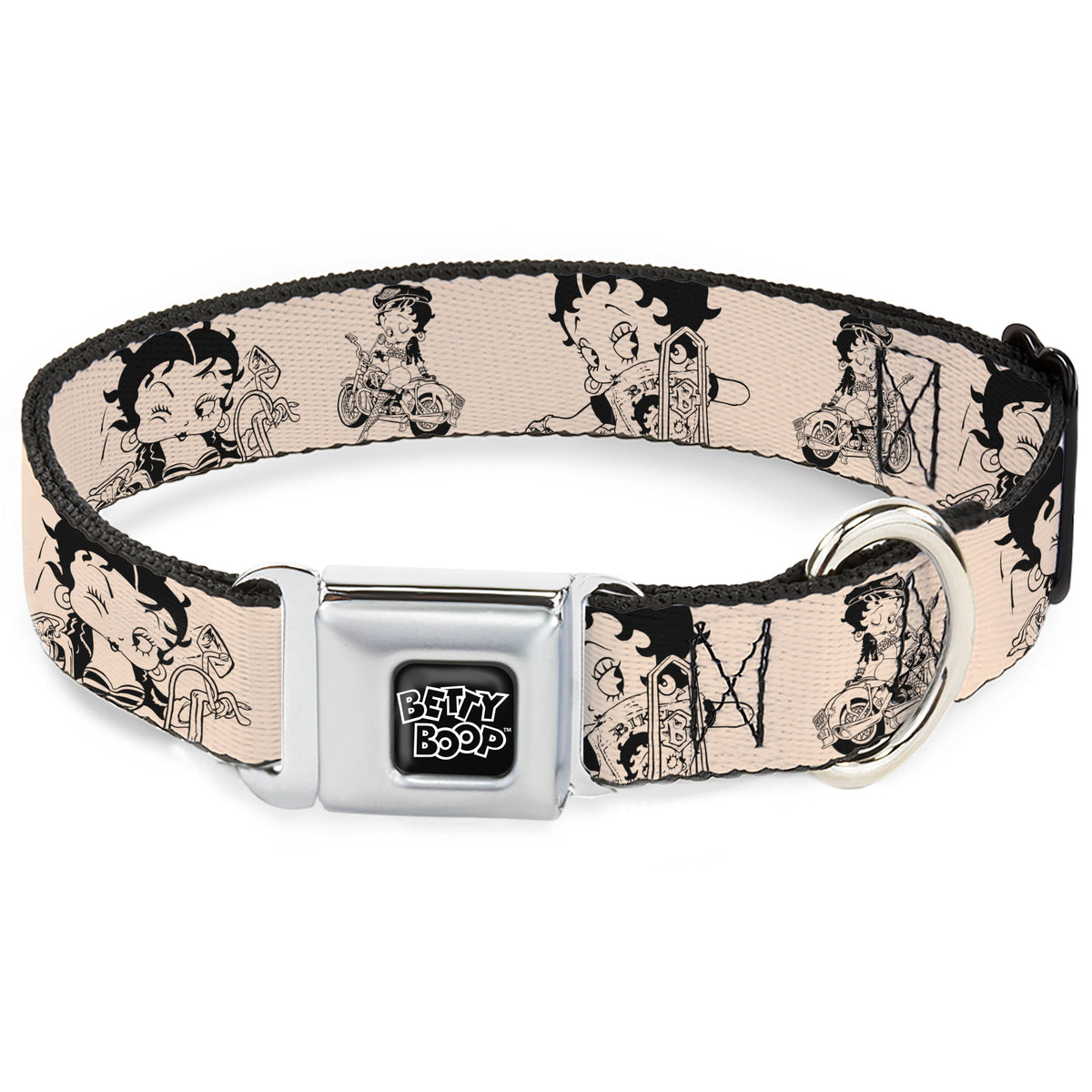 BETTY BOOP Text Heart Logo Full Color Black/White Seatbelt Buckle Collar - Betty Boop Biker Betty Poses Beige/Black Dog Collars Seatbelt Buckle Betty Boop