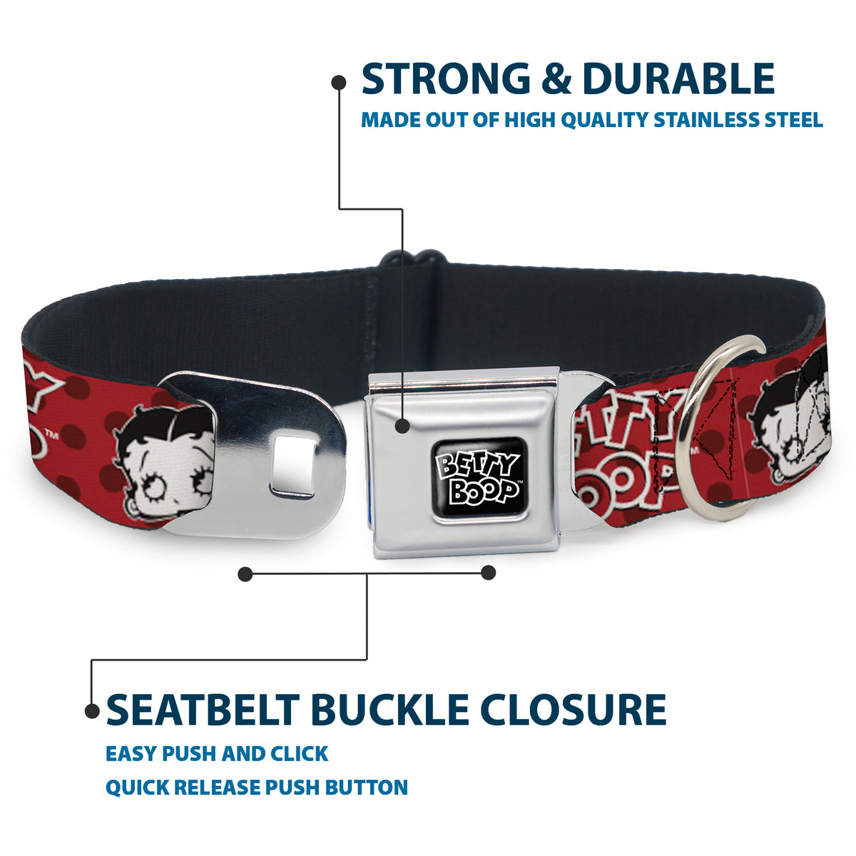 BETTY BOOP Text Heart Logo Full Color Black/White Seatbelt Buckle Collar - BETTY BOOP Face and Text Polka Dot Reds/Black/White Dog Collars Seatbelt Buckle Betty Boop