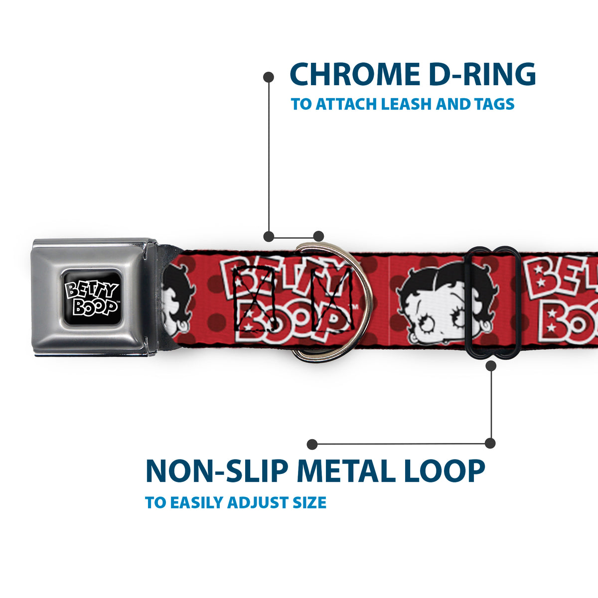 BETTY BOOP Text Heart Logo Full Color Black/White Seatbelt Buckle Collar - BETTY BOOP Face and Text Polka Dot Reds/Black/White Dog Collars Seatbelt Buckle Betty Boop