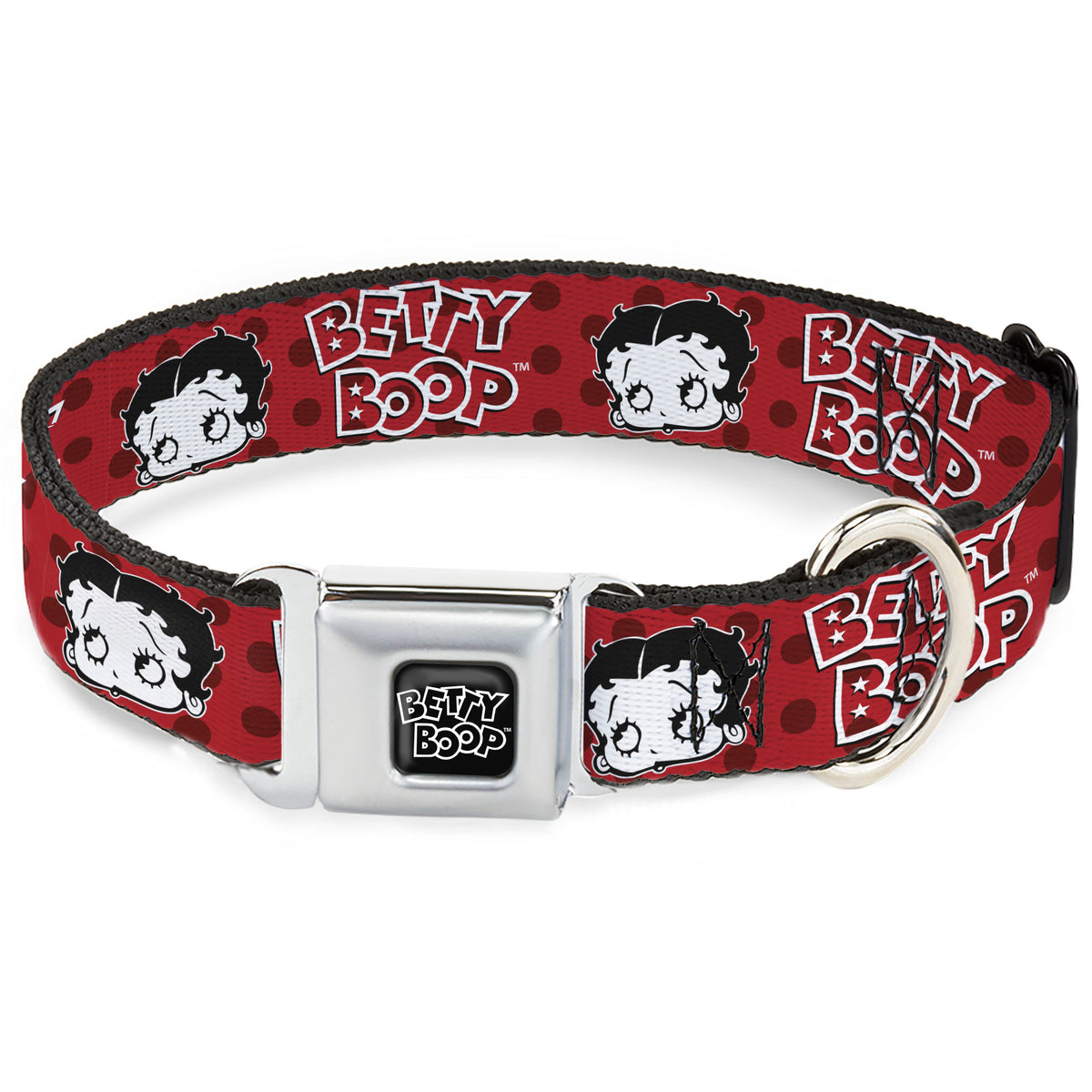 BETTY BOOP Text Heart Logo Full Color Black/White Seatbelt Buckle Collar - BETTY BOOP Face and Text Polka Dot Reds/Black/White Dog Collars Seatbelt Buckle Betty Boop
