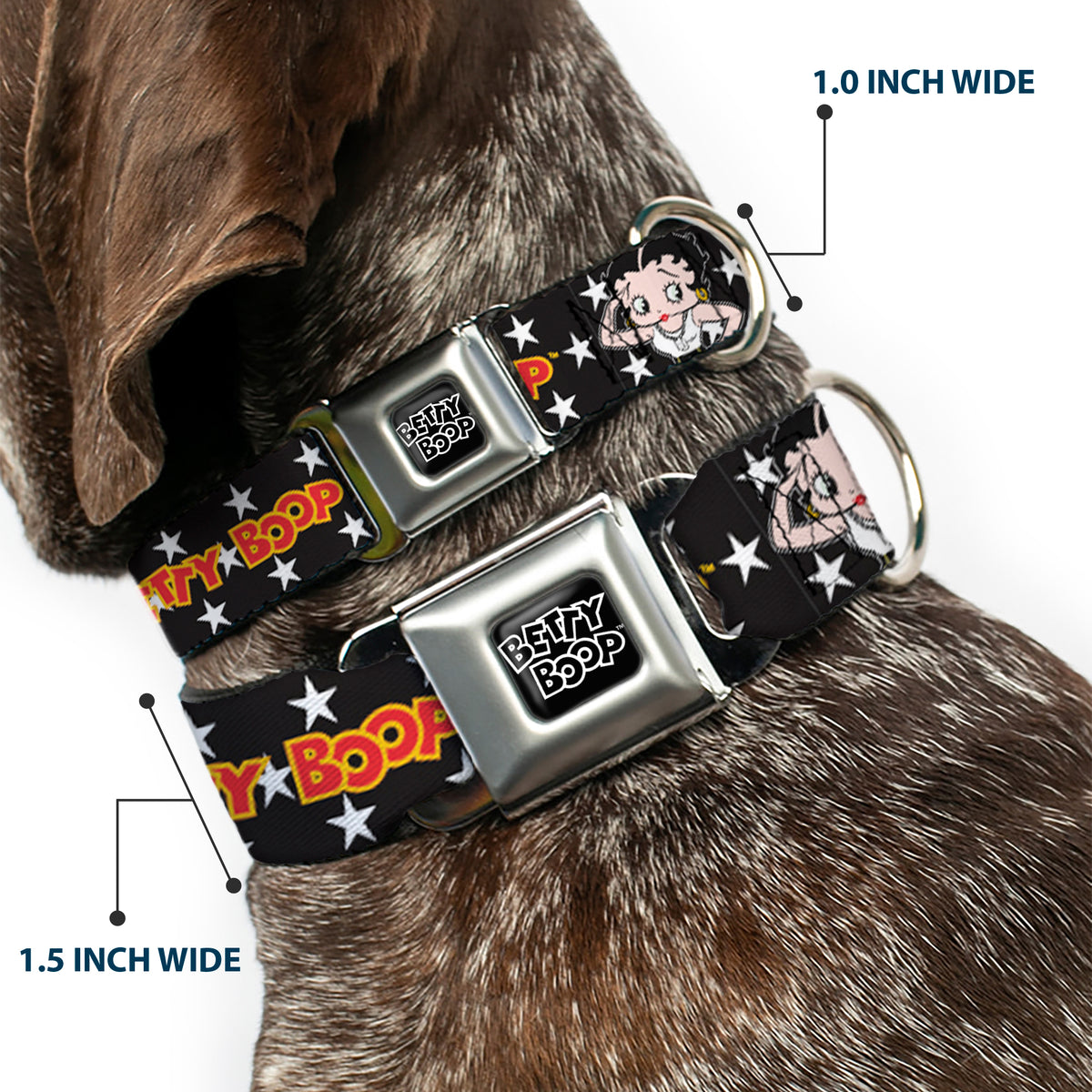 BETTY BOOP Text Heart Logo Full Color Black/White Seatbelt Buckle Collar - BETTY BOOP Salute Pose and Text Stars Black/White/Yellow/Red Dog Collars Seatbelt Buckle Betty Boop