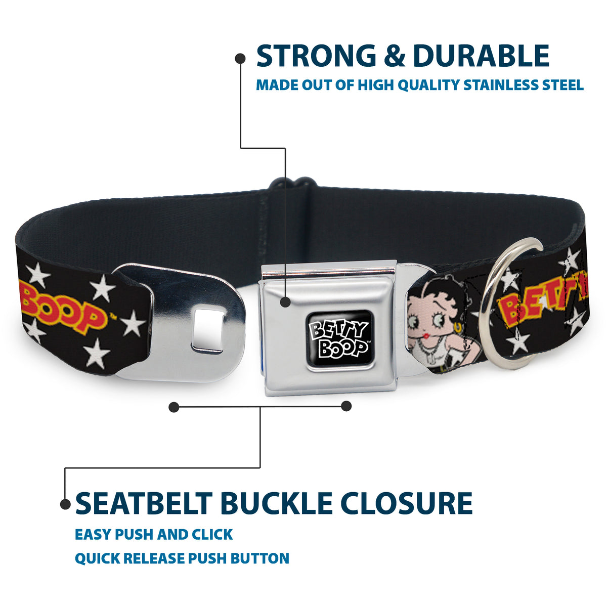 BETTY BOOP Text Heart Logo Full Color Black/White Seatbelt Buckle Collar - BETTY BOOP Salute Pose and Text Stars Black/White/Yellow/Red Dog Collars Seatbelt Buckle Betty Boop