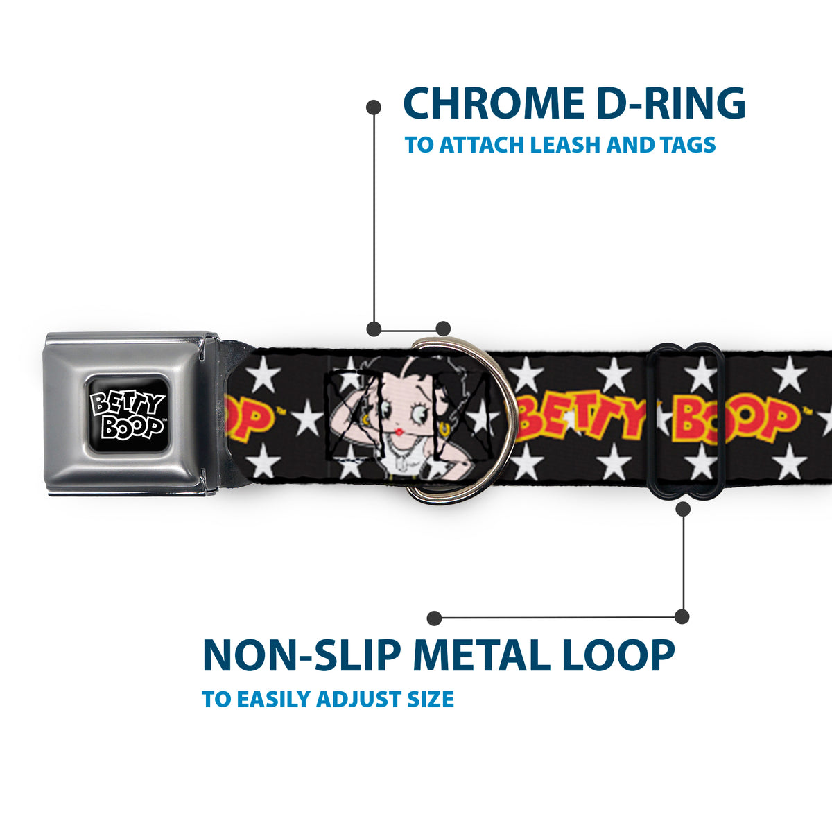 BETTY BOOP Text Heart Logo Full Color Black/White Seatbelt Buckle Collar - BETTY BOOP Salute Pose and Text Stars Black/White/Yellow/Red Dog Collars Seatbelt Buckle Betty Boop
