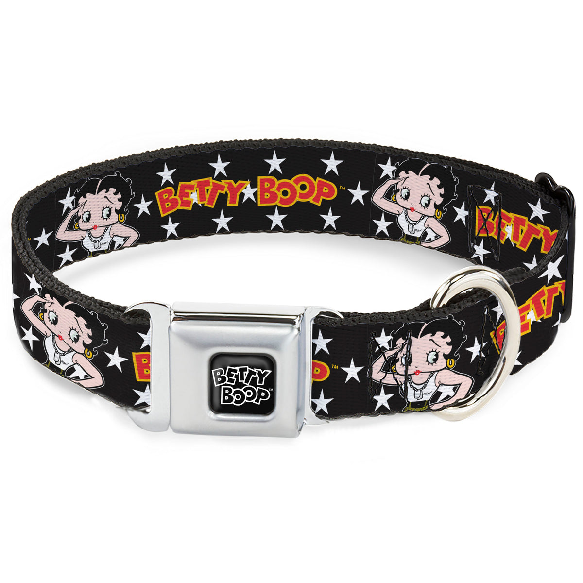 BETTY BOOP Text Heart Logo Full Color Black/White Seatbelt Buckle Collar - BETTY BOOP Salute Pose and Text Stars Black/White/Yellow/Red Dog Collars Seatbelt Buckle Betty Boop