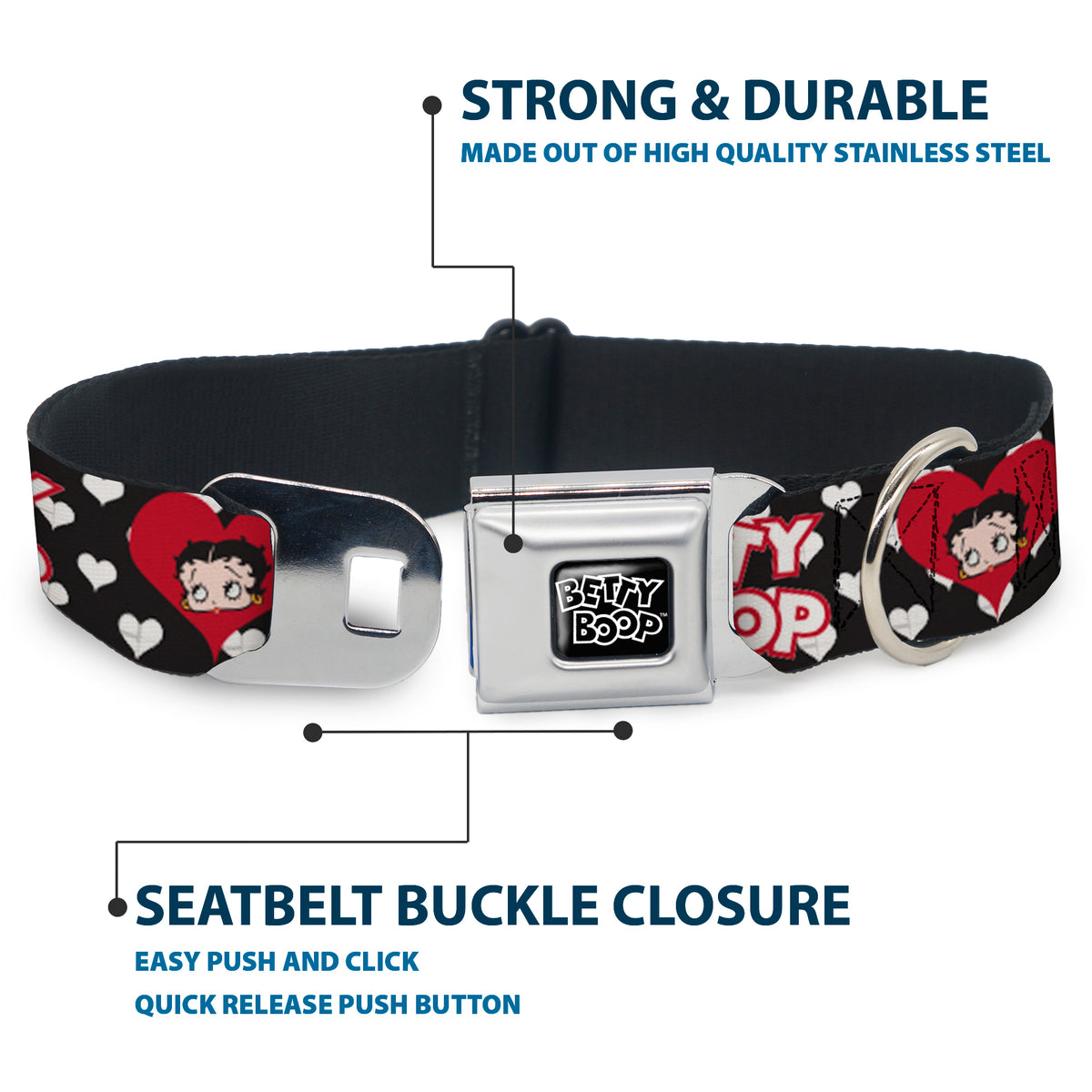 BETTY BOOP Text Heart Logo Full Color Black/White Seatbelt Buckle Collar - BETTY BOOP Face and Text Hearts Black/White/Red Dog Collars Seatbelt Buckle Betty Boop