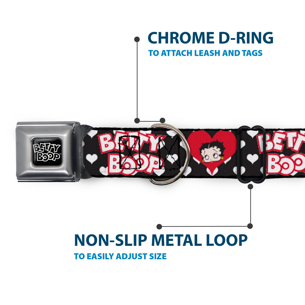 BETTY BOOP Text Heart Logo Full Color Black/White Seatbelt Buckle Collar - BETTY BOOP Face and Text Hearts Black/White/Red Dog Collars Seatbelt Buckle Betty Boop