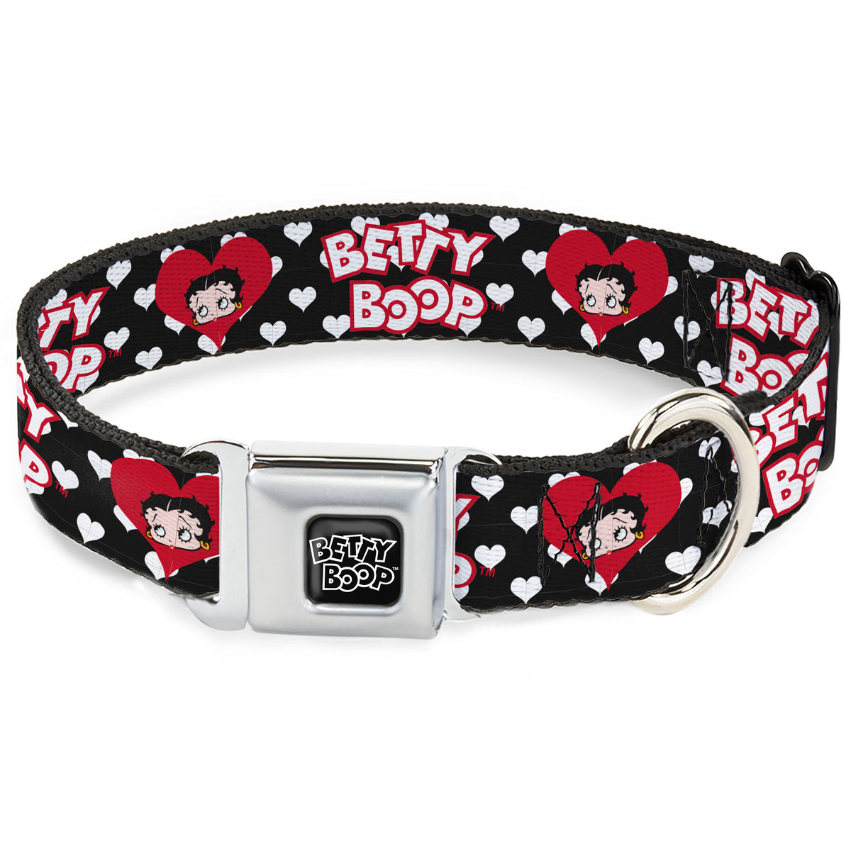 BETTY BOOP Text Heart Logo Full Color Black/White Seatbelt Buckle Collar - BETTY BOOP Face and Text Hearts Black/White/Red Dog Collars Seatbelt Buckle Betty Boop