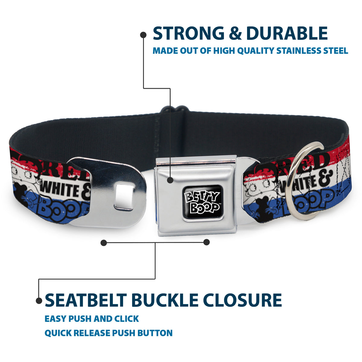 BETTY BOOP Text Heart Logo Full Color Black/White Seatbelt Buckle Collar - Betty Boop RED WHITE & BOOP Pose Americana Stripe Red/White/Blue/Black Dog Collars Seatbelt Buckle Betty Boop