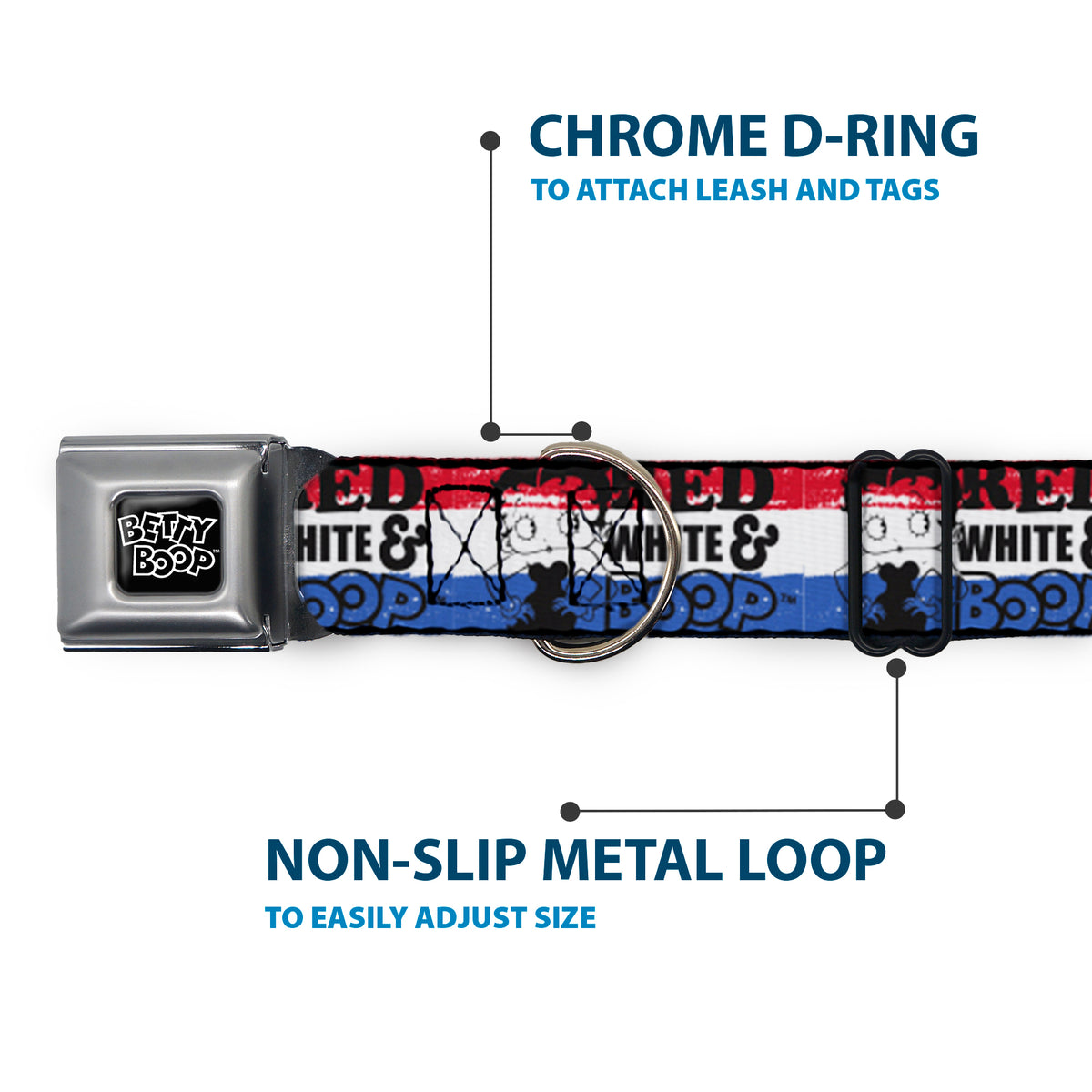 BETTY BOOP Text Heart Logo Full Color Black/White Seatbelt Buckle Collar - Betty Boop RED WHITE & BOOP Pose Americana Stripe Red/White/Blue/Black Dog Collars Seatbelt Buckle Betty Boop