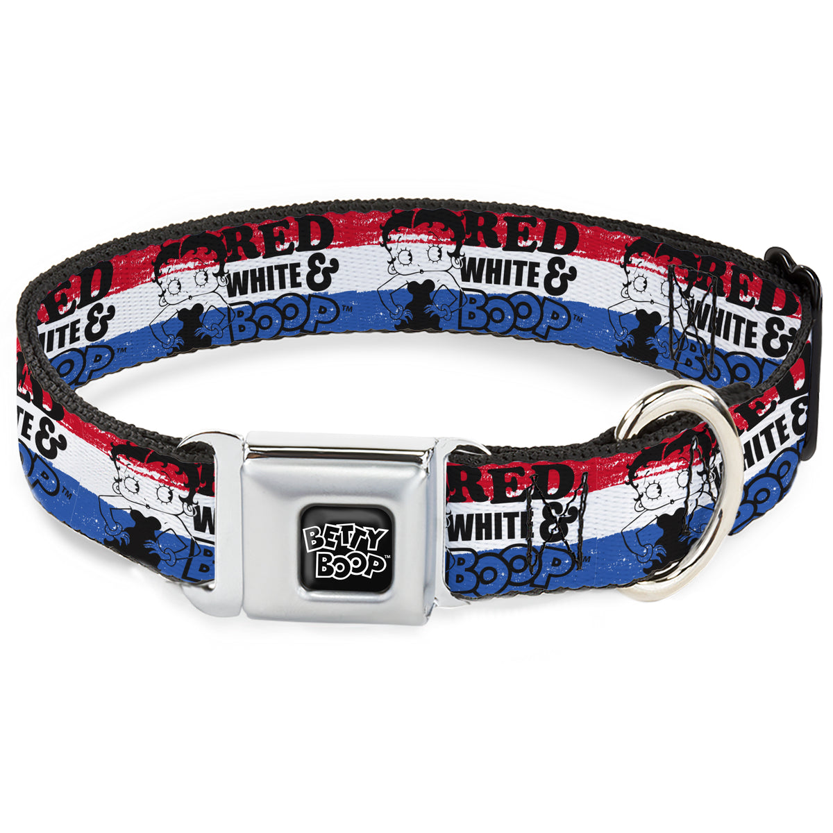 BETTY BOOP Text Heart Logo Full Color Black/White Seatbelt Buckle Collar - Betty Boop RED WHITE & BOOP Pose Americana Stripe Red/White/Blue/Black Dog Collars Seatbelt Buckle Betty Boop