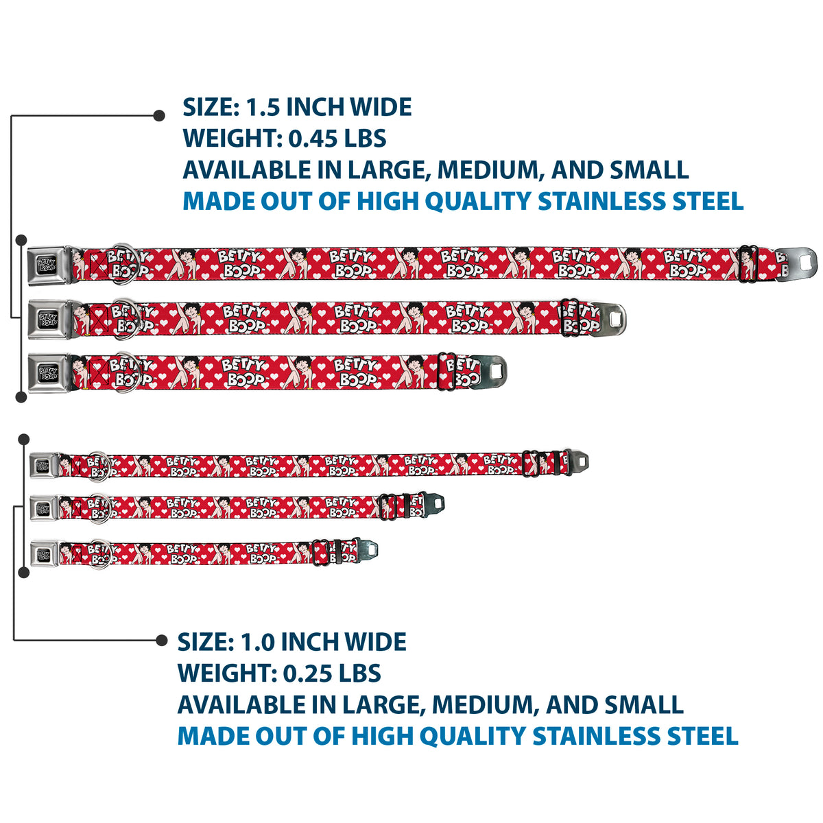 BETTY BOOP Text Heart Logo Full Color Black/White Seatbelt Buckle Collar - BETTY BOOP Seated Leg Kick Pose and Text Hearts Red/White/Black Dog Collars Seatbelt Buckle Betty Boop