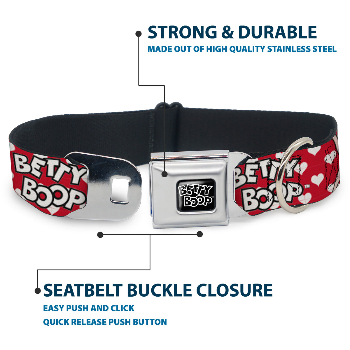 BETTY BOOP Text Heart Logo Full Color Black/White Seatbelt Buckle Collar - BETTY BOOP Seated Leg Kick Pose and Text Hearts Red/White/Black Dog Collars Seatbelt Buckle Betty Boop