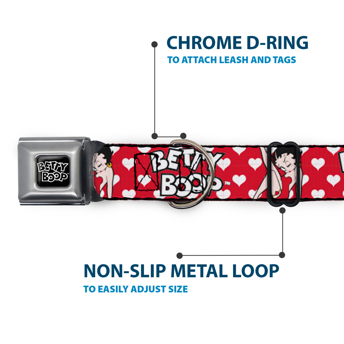 BETTY BOOP Text Heart Logo Full Color Black/White Seatbelt Buckle Collar - BETTY BOOP Seated Leg Kick Pose and Text Hearts Red/White/Black Dog Collars Seatbelt Buckle Betty Boop