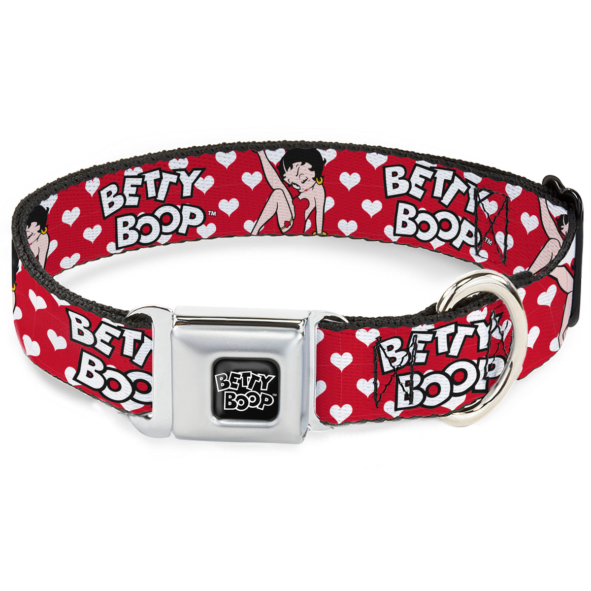 BETTY BOOP Text Heart Logo Full Color Black/White Seatbelt Buckle Collar - BETTY BOOP Seated Leg Kick Pose and Text Hearts Red/White/Black Dog Collars Seatbelt Buckle Betty Boop
