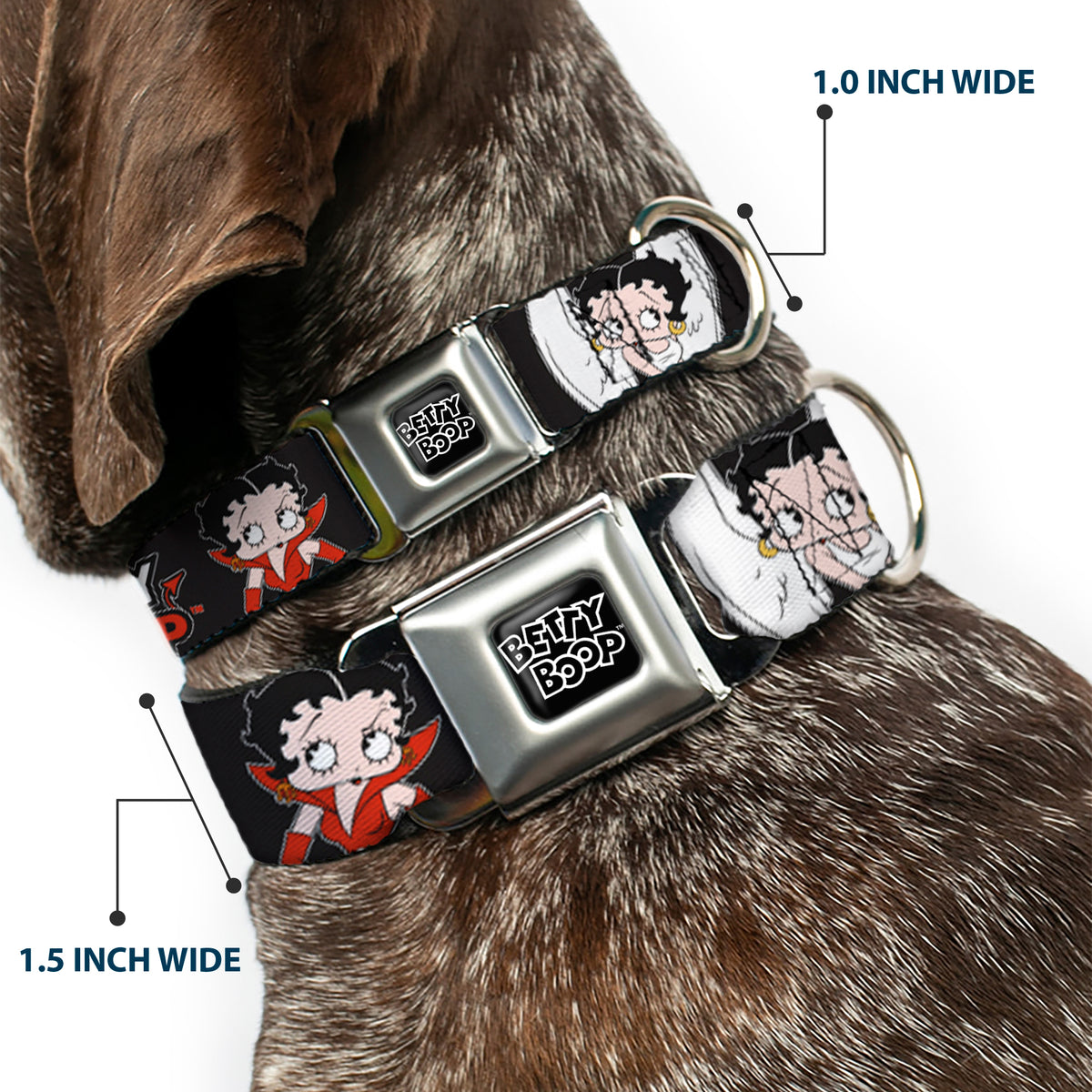 BETTY BOOP Text Heart Logo Full Color Black/White Seatbelt Buckle Collar - BETTY BOOP Angel and Devil Poses with Text Black/White/Red Dog Collars Seatbelt Buckle Betty Boop