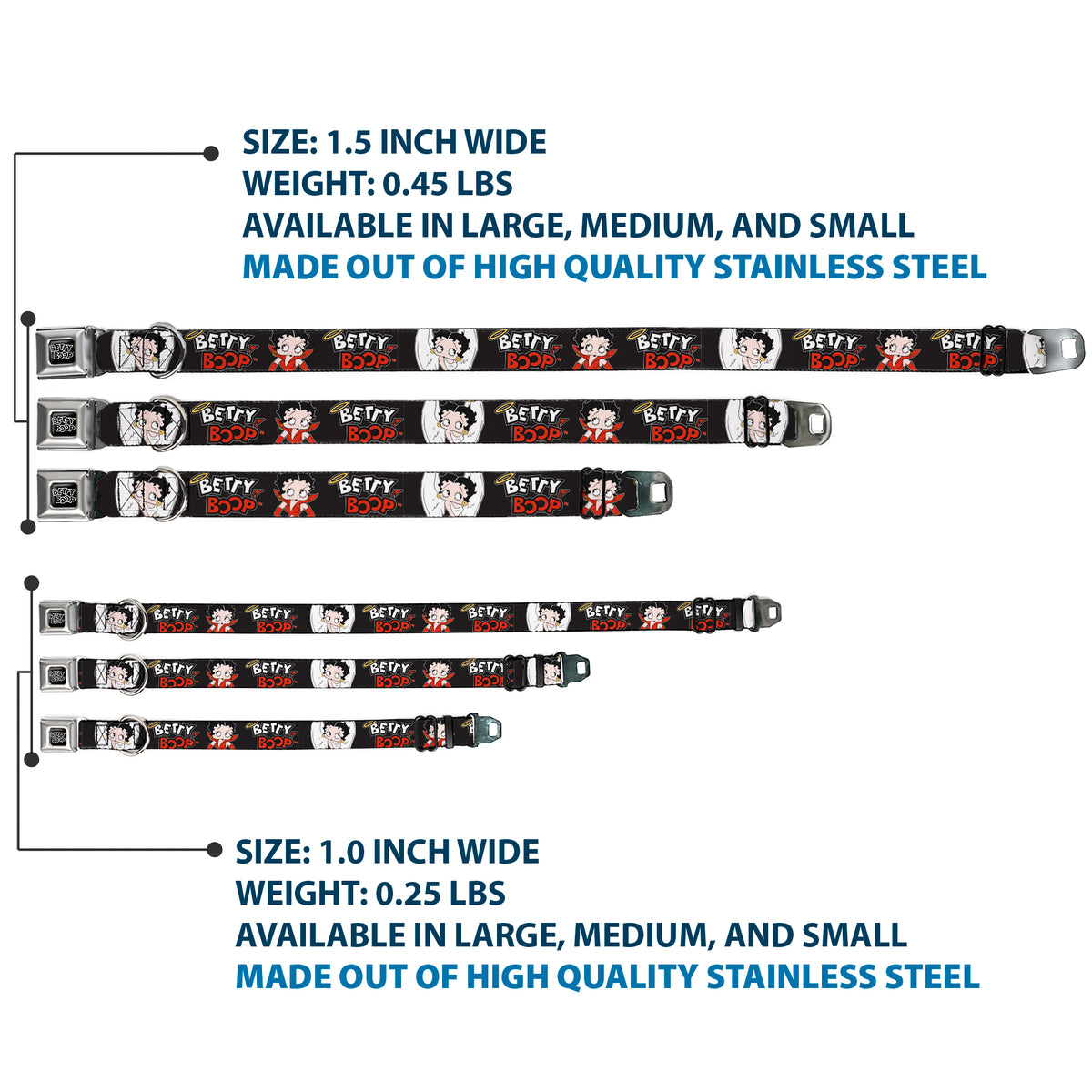 BETTY BOOP Text Heart Logo Full Color Black/White Seatbelt Buckle Collar - BETTY BOOP Angel and Devil Poses with Text Black/White/Red Dog Collars Seatbelt Buckle Betty Boop