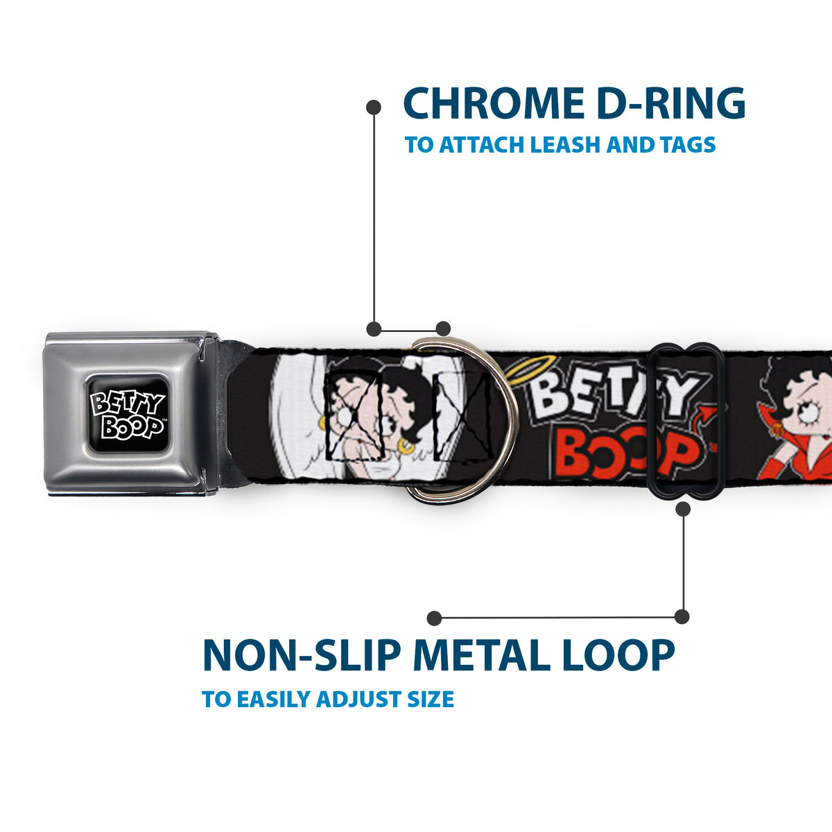 BETTY BOOP Text Heart Logo Full Color Black/White Seatbelt Buckle Collar - BETTY BOOP Angel and Devil Poses with Text Black/White/Red Dog Collars Seatbelt Buckle Betty Boop