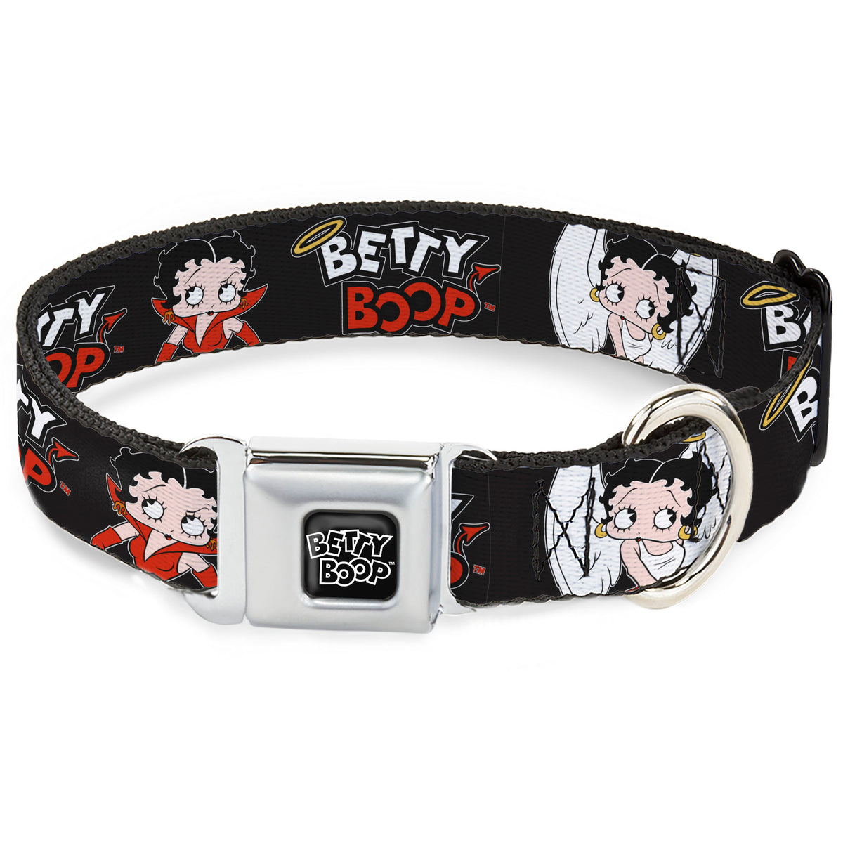 BETTY BOOP Text Heart Logo Full Color Black/White Seatbelt Buckle Collar - BETTY BOOP Angel and Devil Poses with Text Black/White/Red Dog Collars Seatbelt Buckle Betty Boop