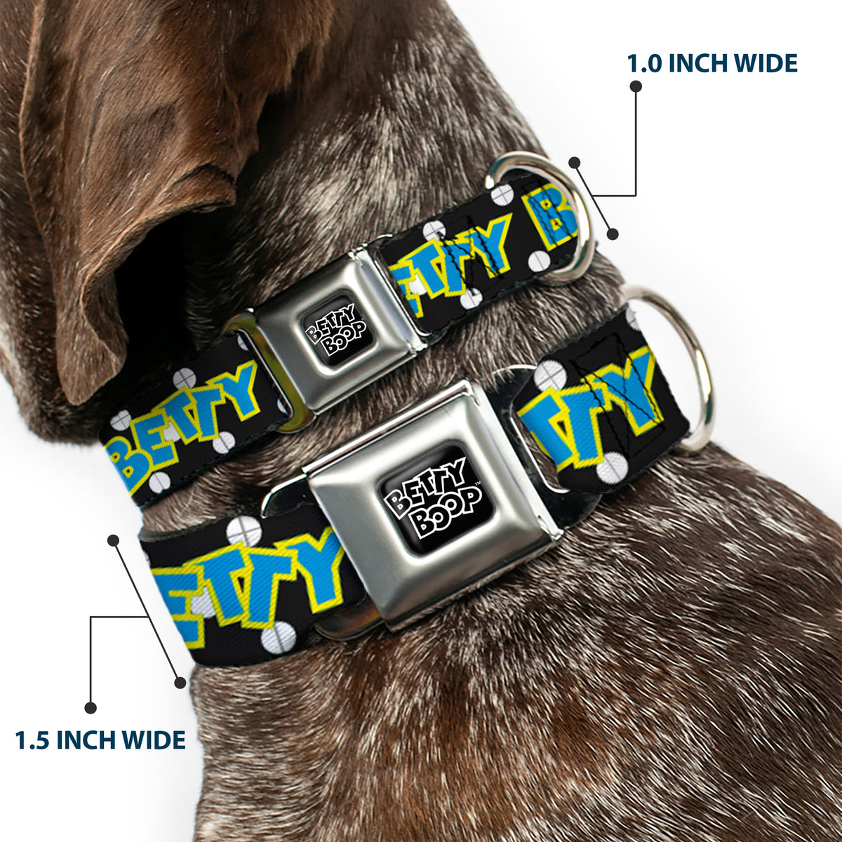 BETTY BOOP Text Heart Logo Full Color Black/White Seatbelt Buckle Collar - BETTY BOOP Biker Betty Winking and Text Polka Dot Black/White/Yellow/Blue Dog Collars Seatbelt Buckle Betty Boop