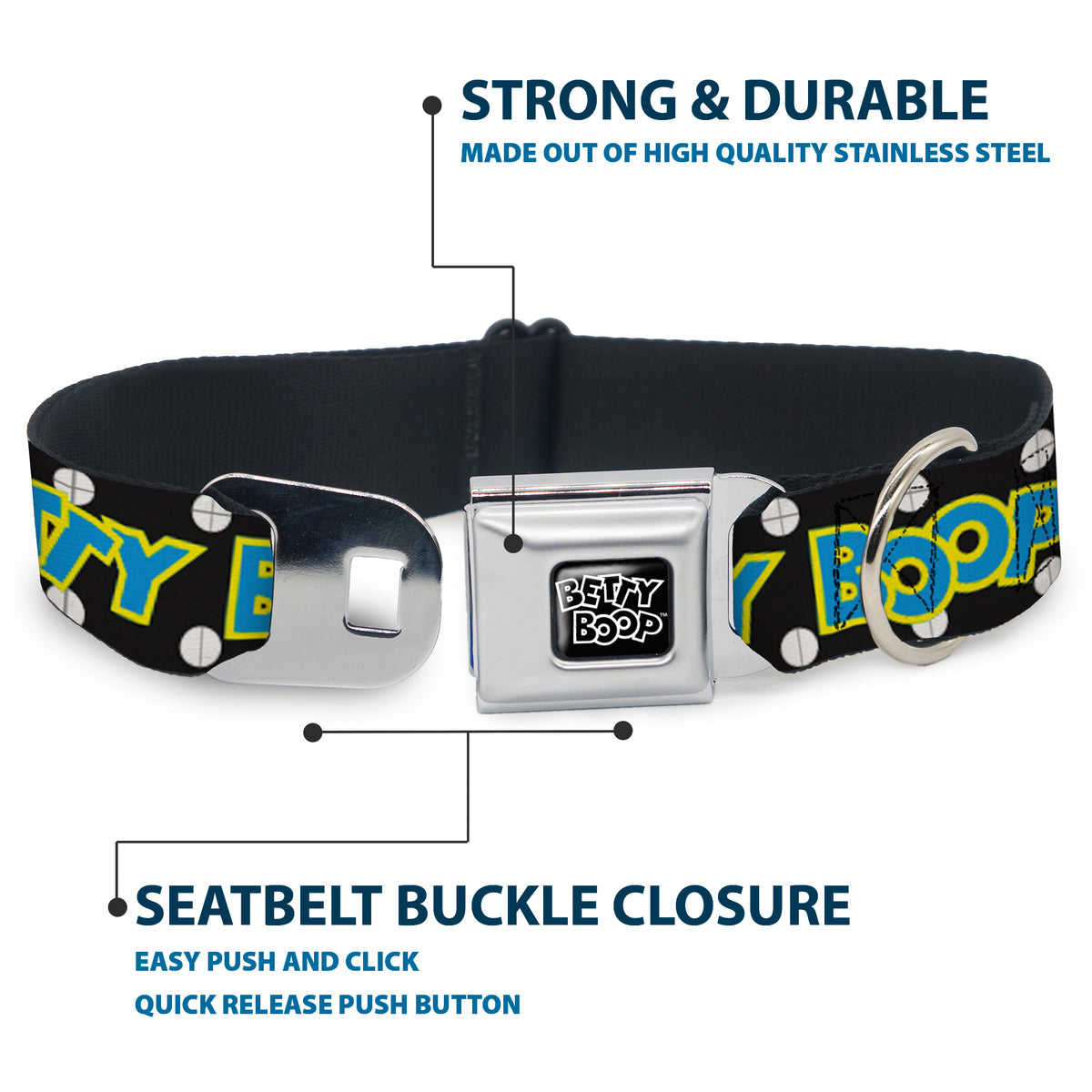 BETTY BOOP Text Heart Logo Full Color Black/White Seatbelt Buckle Collar - BETTY BOOP Biker Betty Winking and Text Polka Dot Black/White/Yellow/Blue Dog Collars Seatbelt Buckle Betty Boop