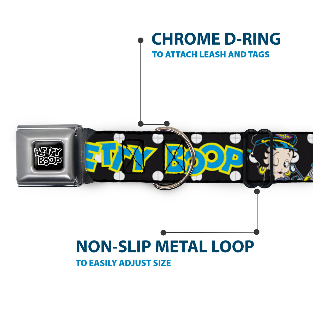 BETTY BOOP Text Heart Logo Full Color Black/White Seatbelt Buckle Collar - BETTY BOOP Biker Betty Winking and Text Polka Dot Black/White/Yellow/Blue Dog Collars Seatbelt Buckle Betty Boop