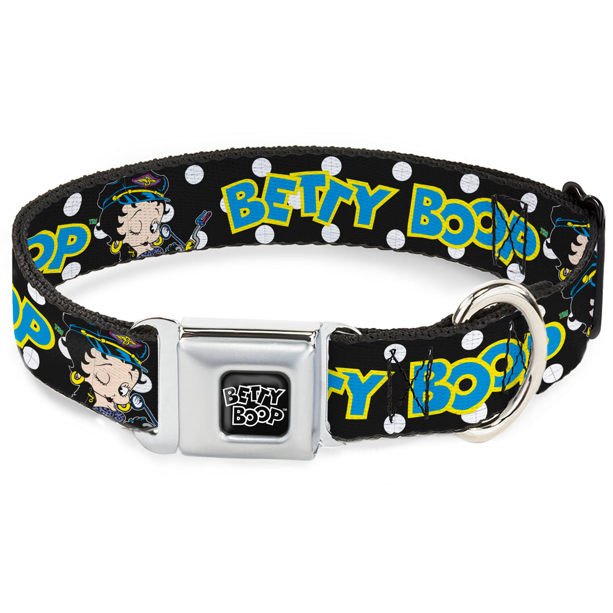 BETTY BOOP Text Heart Logo Full Color Black/White Seatbelt Buckle Collar - BETTY BOOP Biker Betty Winking and Text Polka Dot Black/White/Yellow/Blue Dog Collars Seatbelt Buckle Betty Boop