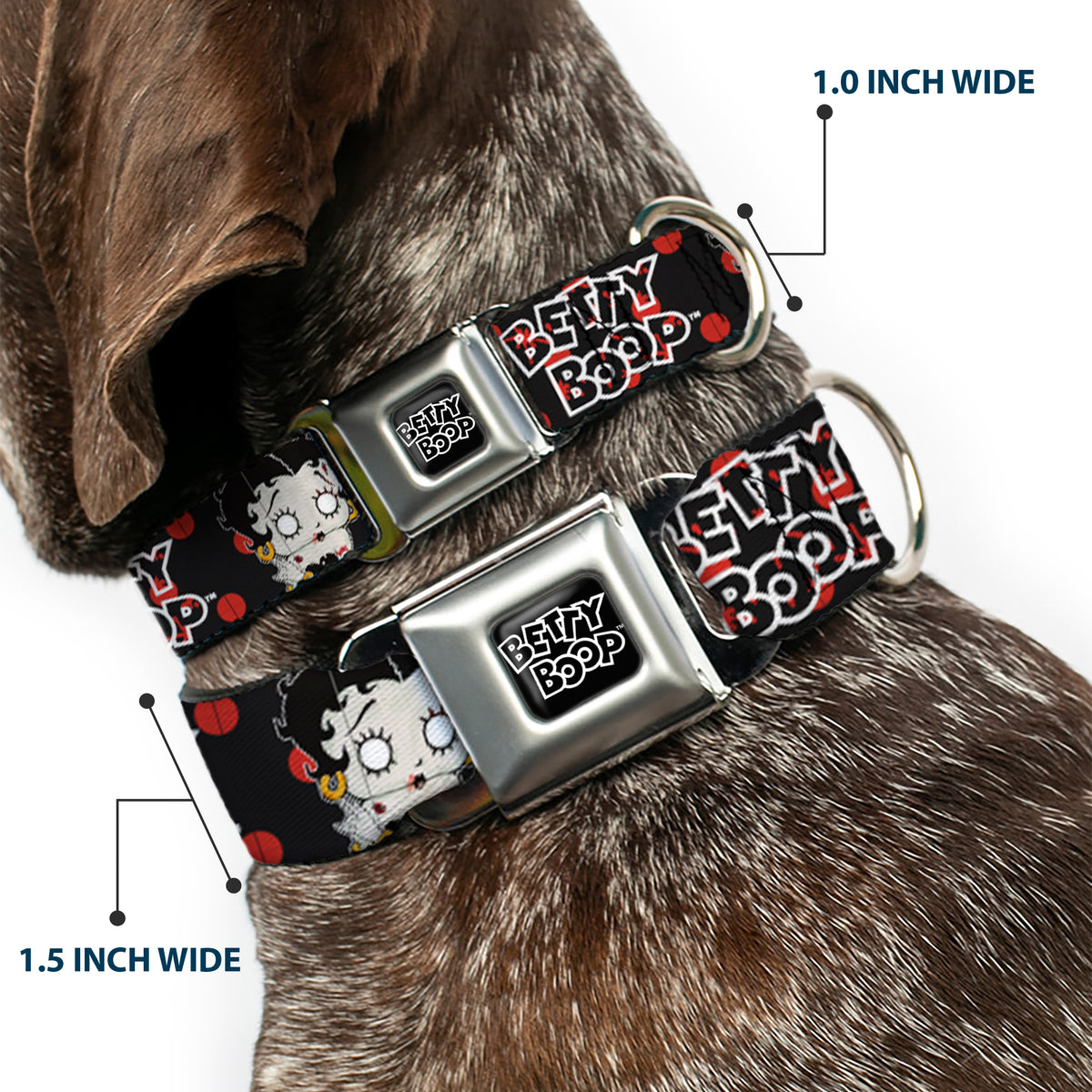 BETTY BOOP Text Heart Logo Full Color Black/White Seatbelt Buckle Collar - BETTY BOOP Zombie Betty and Text Polka Dot Black/Red/White Dog Collars Seatbelt Buckle Betty Boop