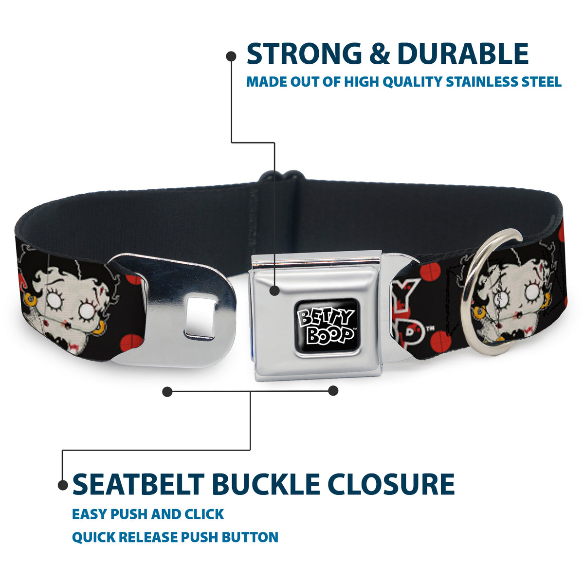 BETTY BOOP Text Heart Logo Full Color Black/White Seatbelt Buckle Collar - BETTY BOOP Zombie Betty and Text Polka Dot Black/Red/White Dog Collars Seatbelt Buckle Betty Boop