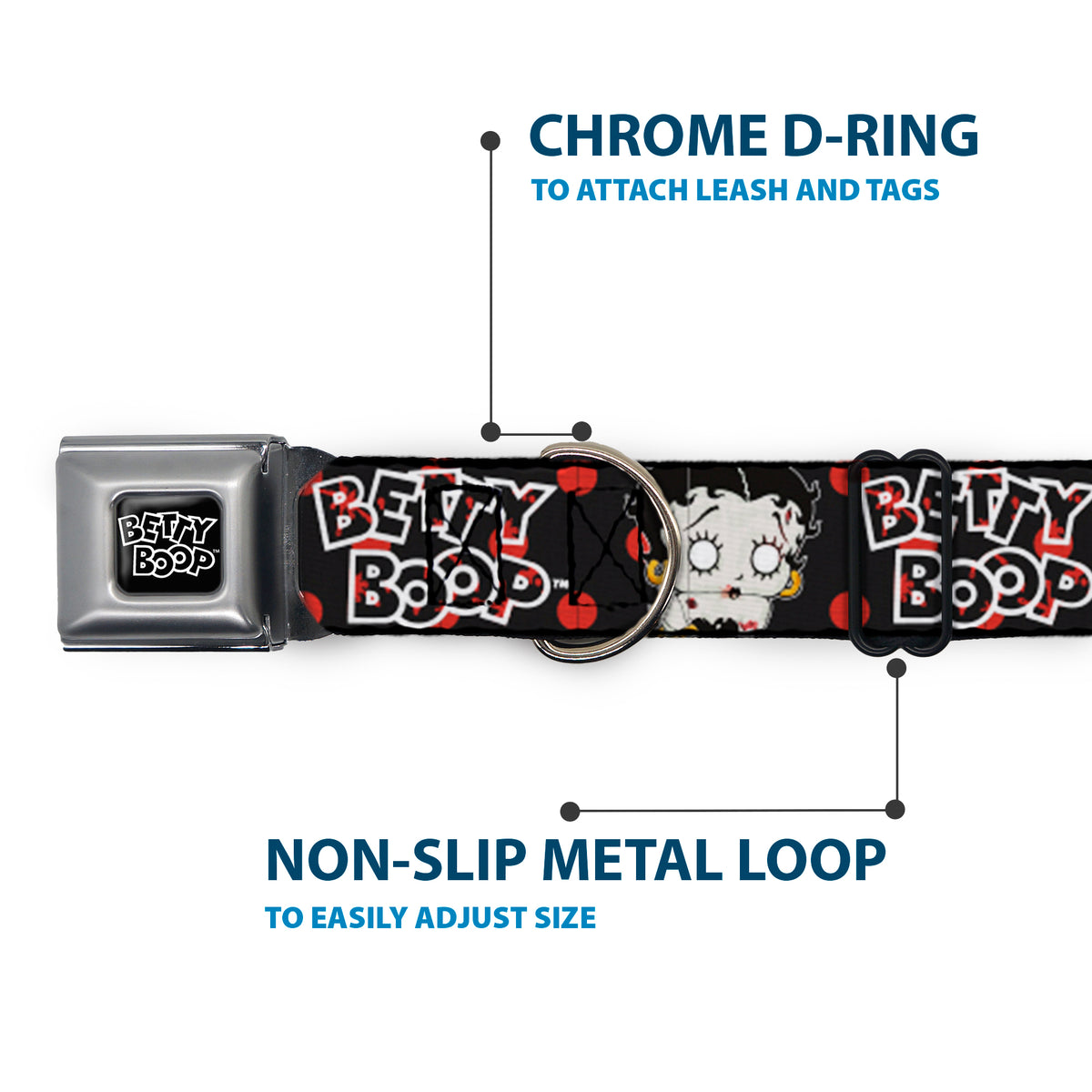 BETTY BOOP Text Heart Logo Full Color Black/White Seatbelt Buckle Collar - BETTY BOOP Zombie Betty and Text Polka Dot Black/Red/White Dog Collars Seatbelt Buckle Betty Boop