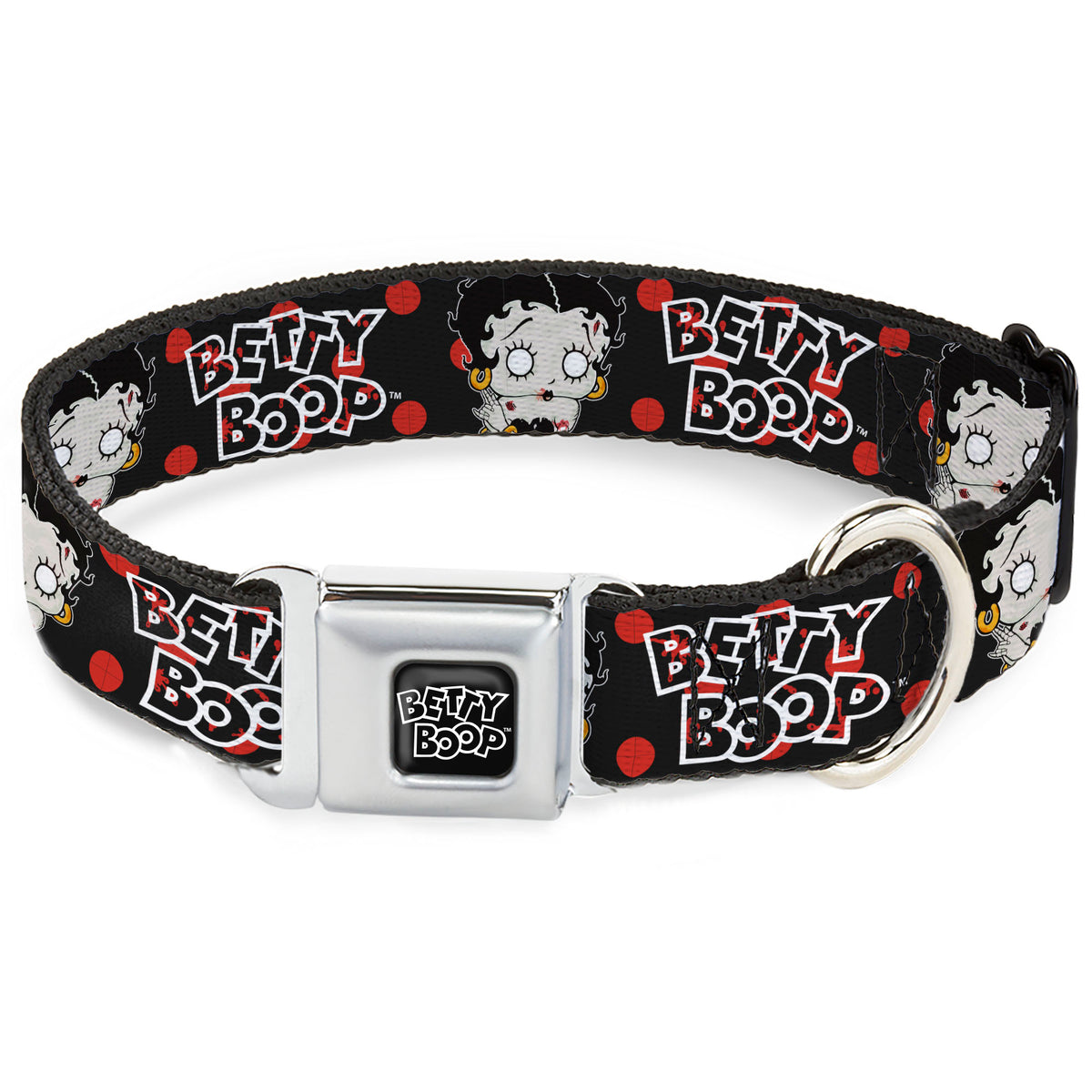 BETTY BOOP Text Heart Logo Full Color Black/White Seatbelt Buckle Collar - BETTY BOOP Zombie Betty and Text Polka Dot Black/Red/White Dog Collars Seatbelt Buckle Betty Boop