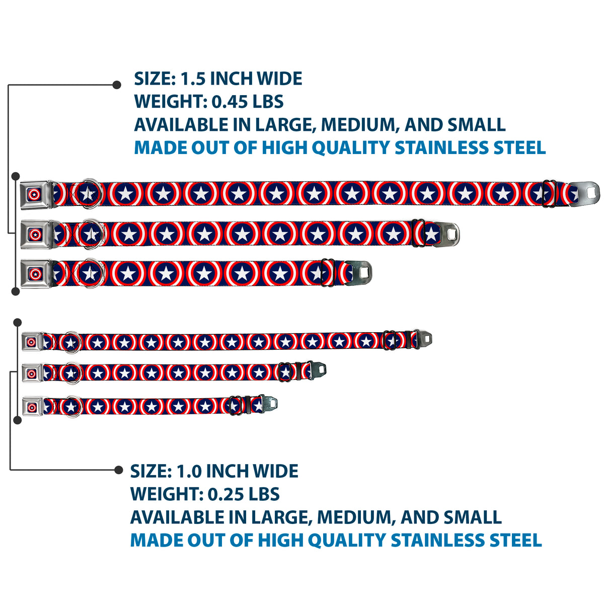 MARVEL COMICS Captain America Shield Full Color Navy Seatbelt Buckle Collar - Captain America Shield Repeat Navy Dog Collars Seatbelt Buckle Marvel Comics