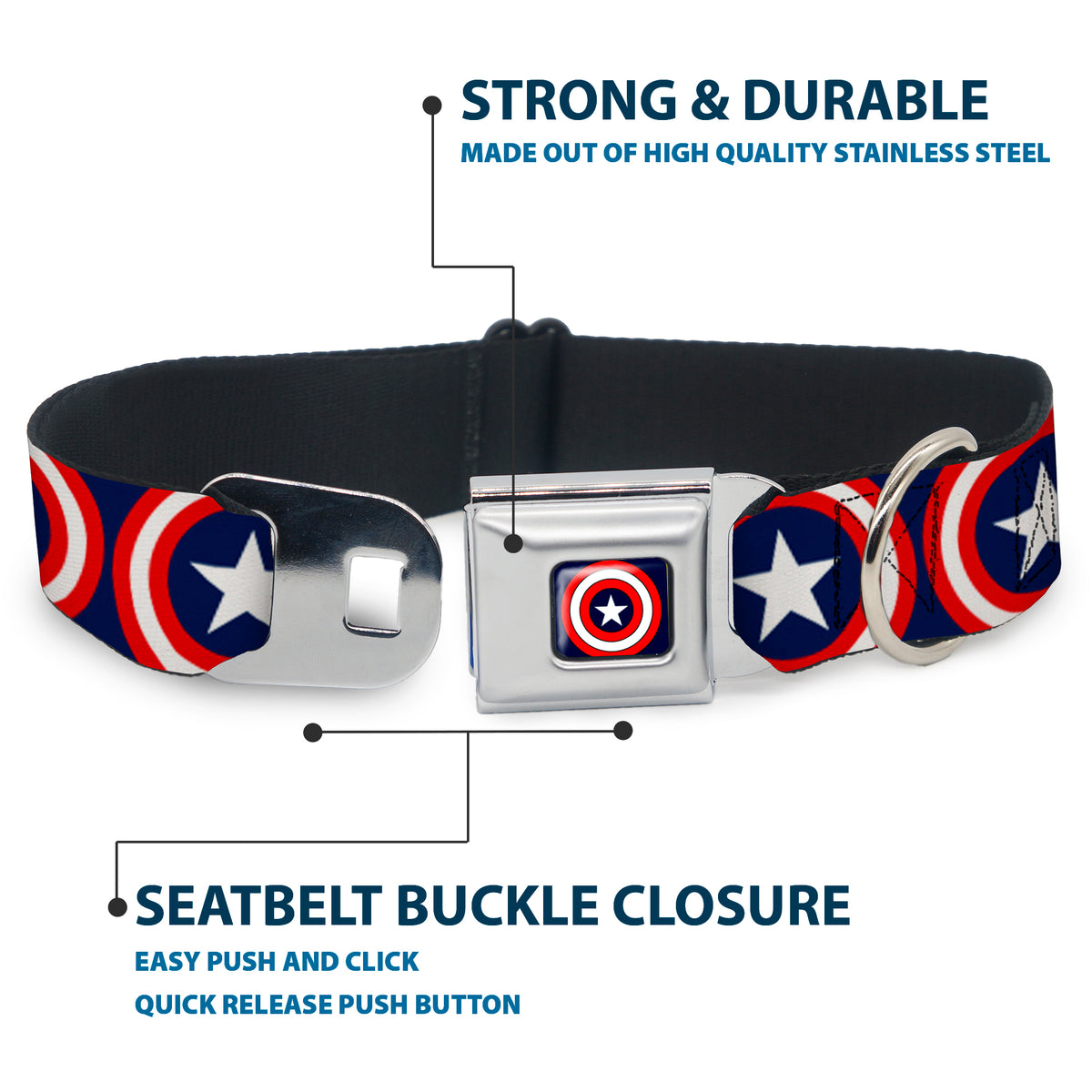 MARVEL COMICS Captain America Shield Full Color Navy Seatbelt Buckle Collar - Captain America Shield Repeat Navy Dog Collars Seatbelt Buckle Marvel Comics