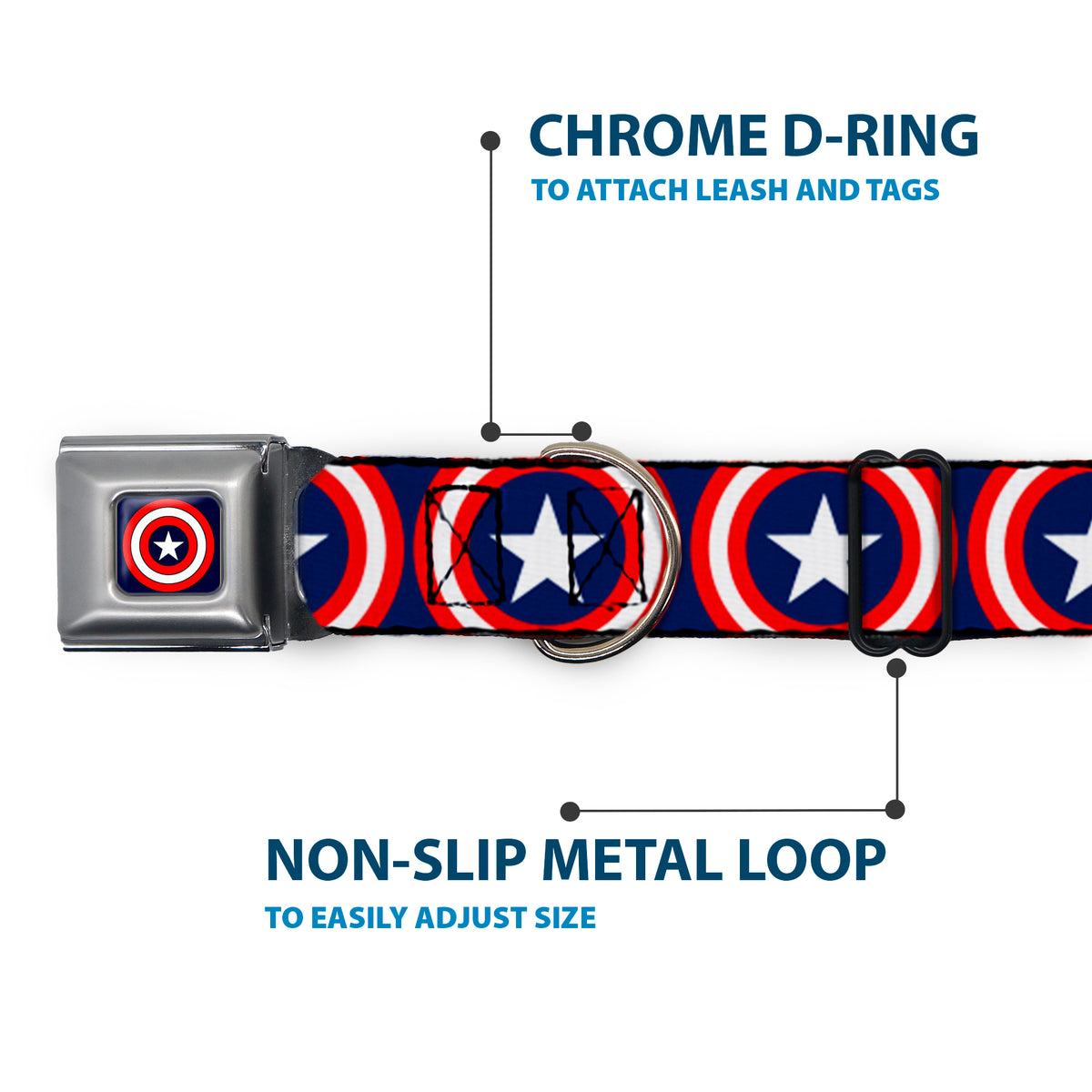 MARVEL COMICS Captain America Shield Full Color Navy Seatbelt Buckle Collar - Captain America Shield Repeat Navy Dog Collars Seatbelt Buckle Marvel Comics